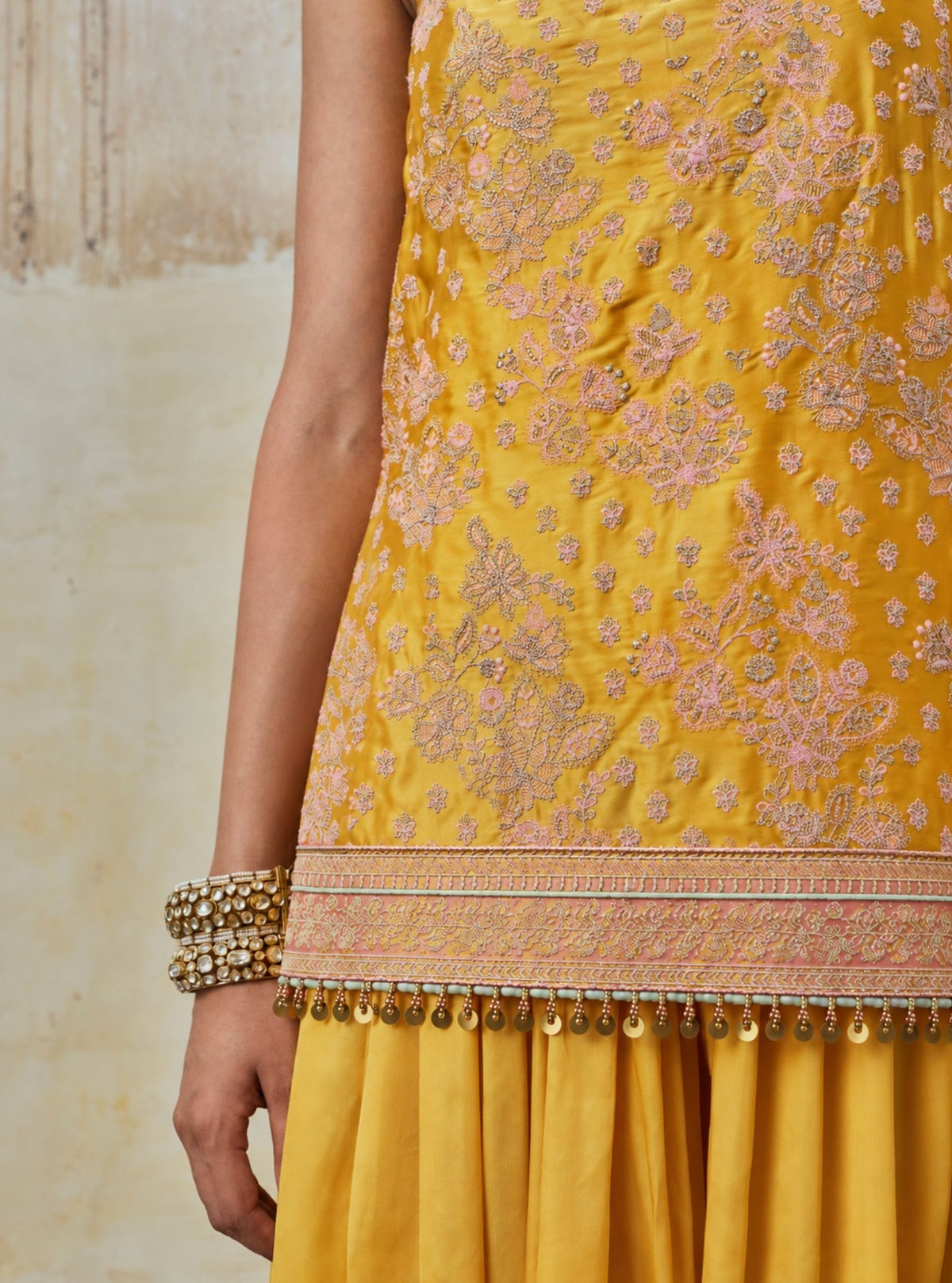 Aangan Cupro Satin Mustard Sharara Set