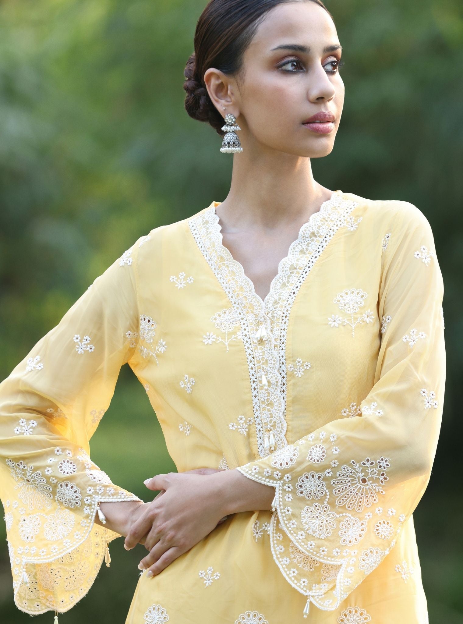 Mulmul Organza Kiyan Yellow Kurta With Mulmul Cotton Kiyan Yellow Pant