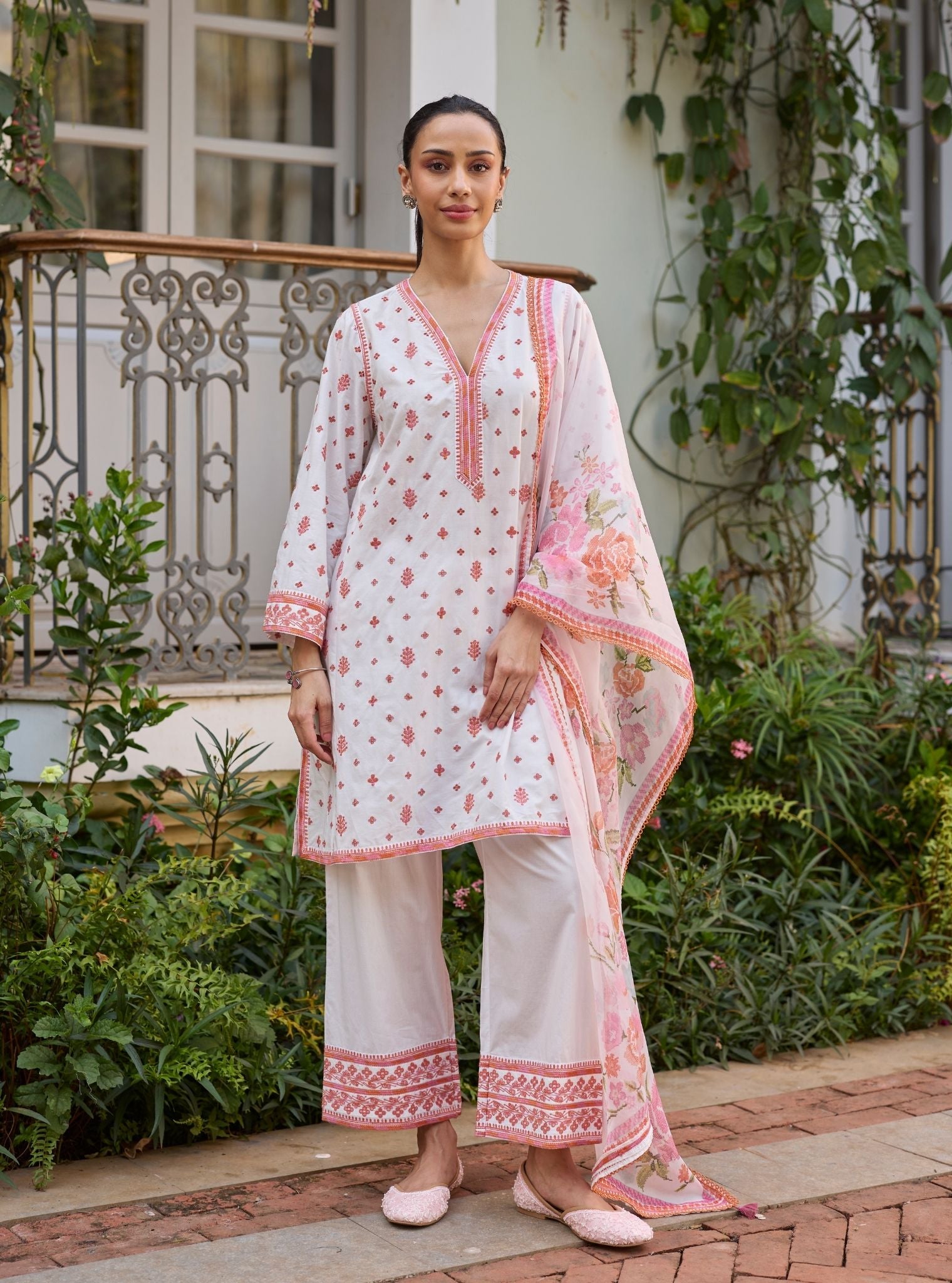 Vysa Supima Cotton White Printed Kurta Set