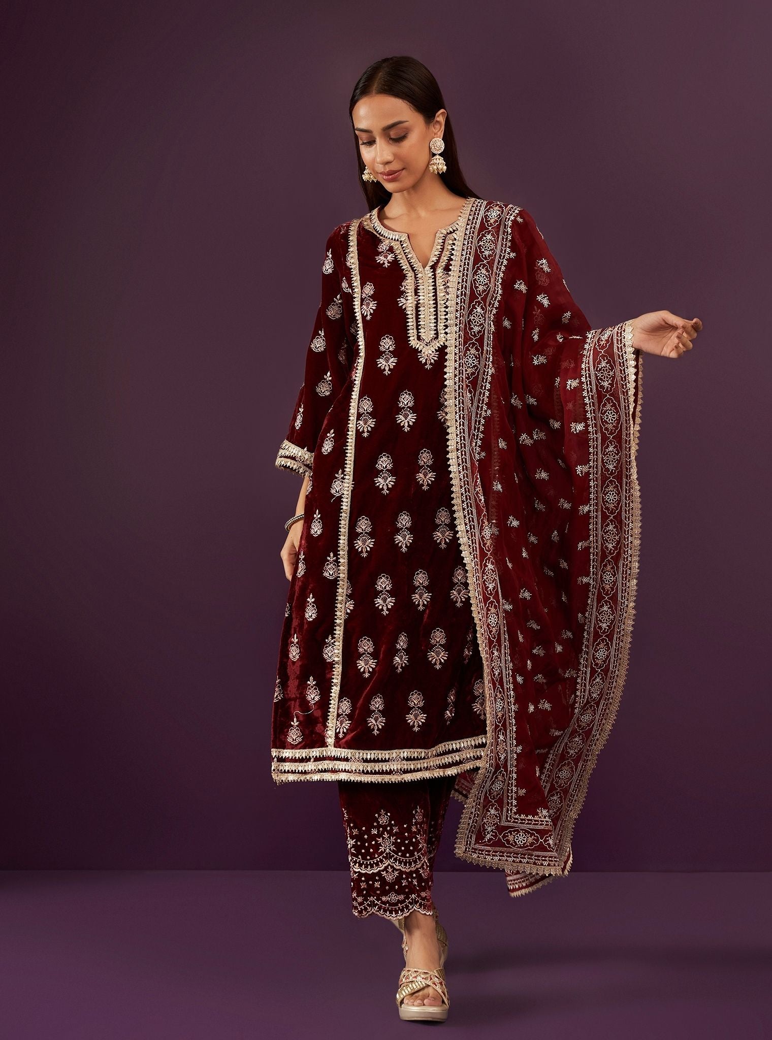 Mulmul Velvet Kumani Wine Kurta With Mulmul Velvet Kumani Wine Pant