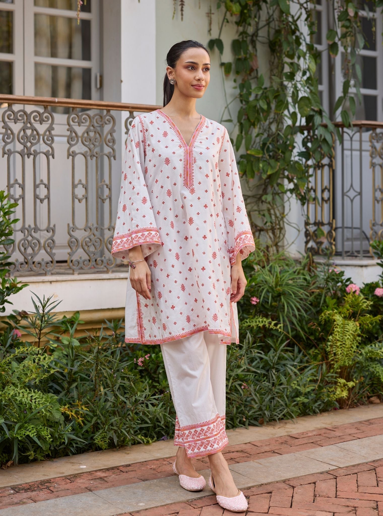 Vysa Supima Cotton White Printed Kurta Set