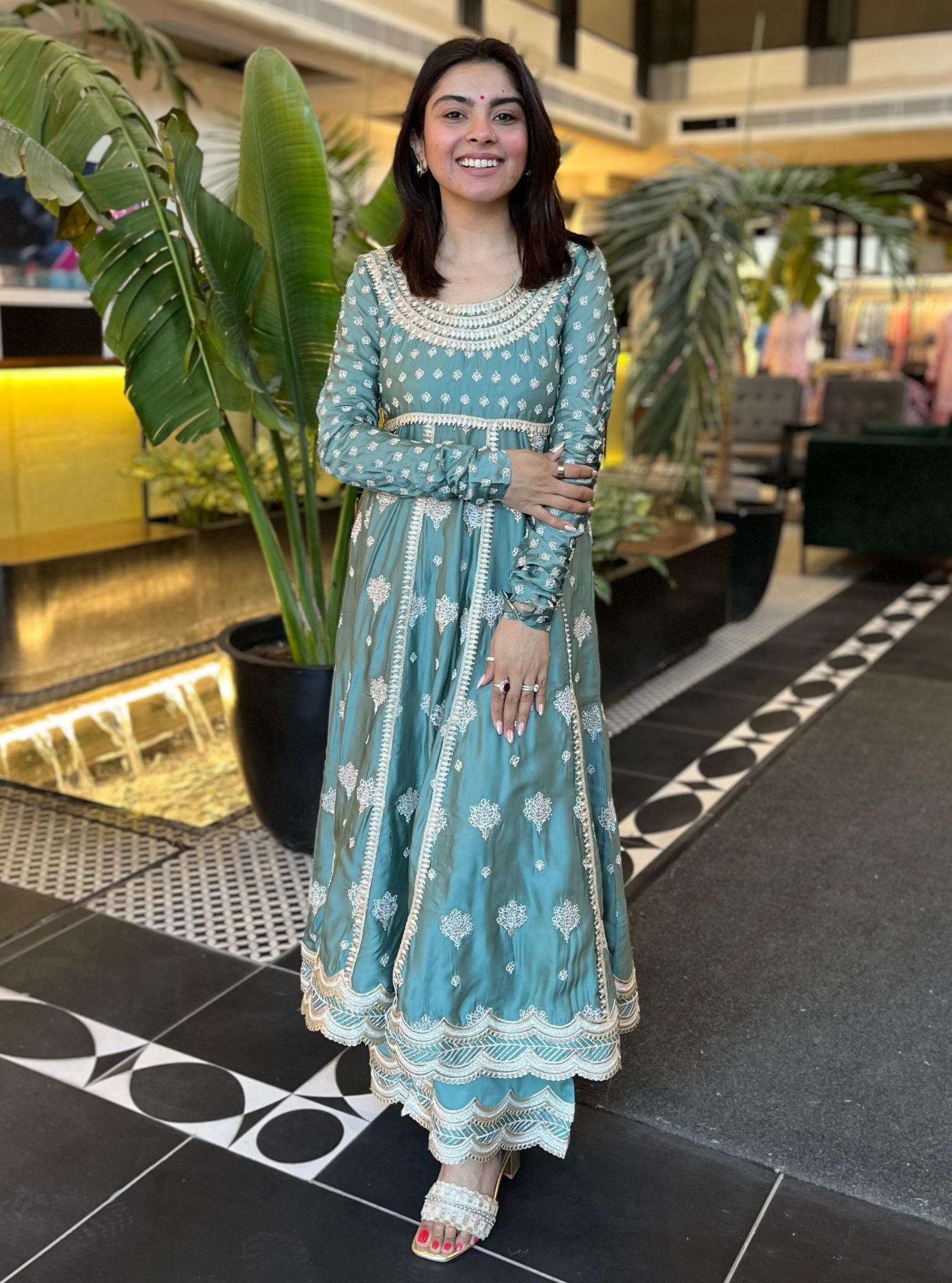 Mulmul Organza Satin Palki Teal Blue Kurta With Mulmul Organza Satin Palki Teal Blue Pant