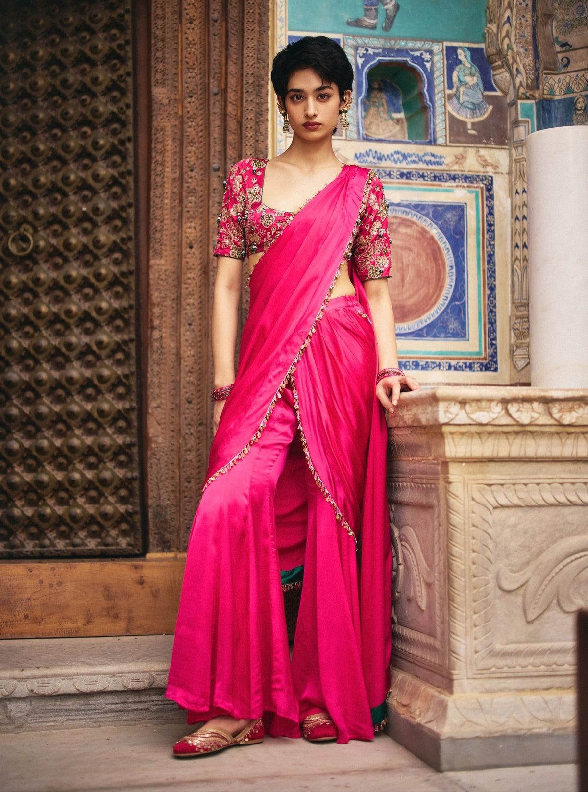 Saawari Cupro Satin Fuchsia Pre-draped Saree