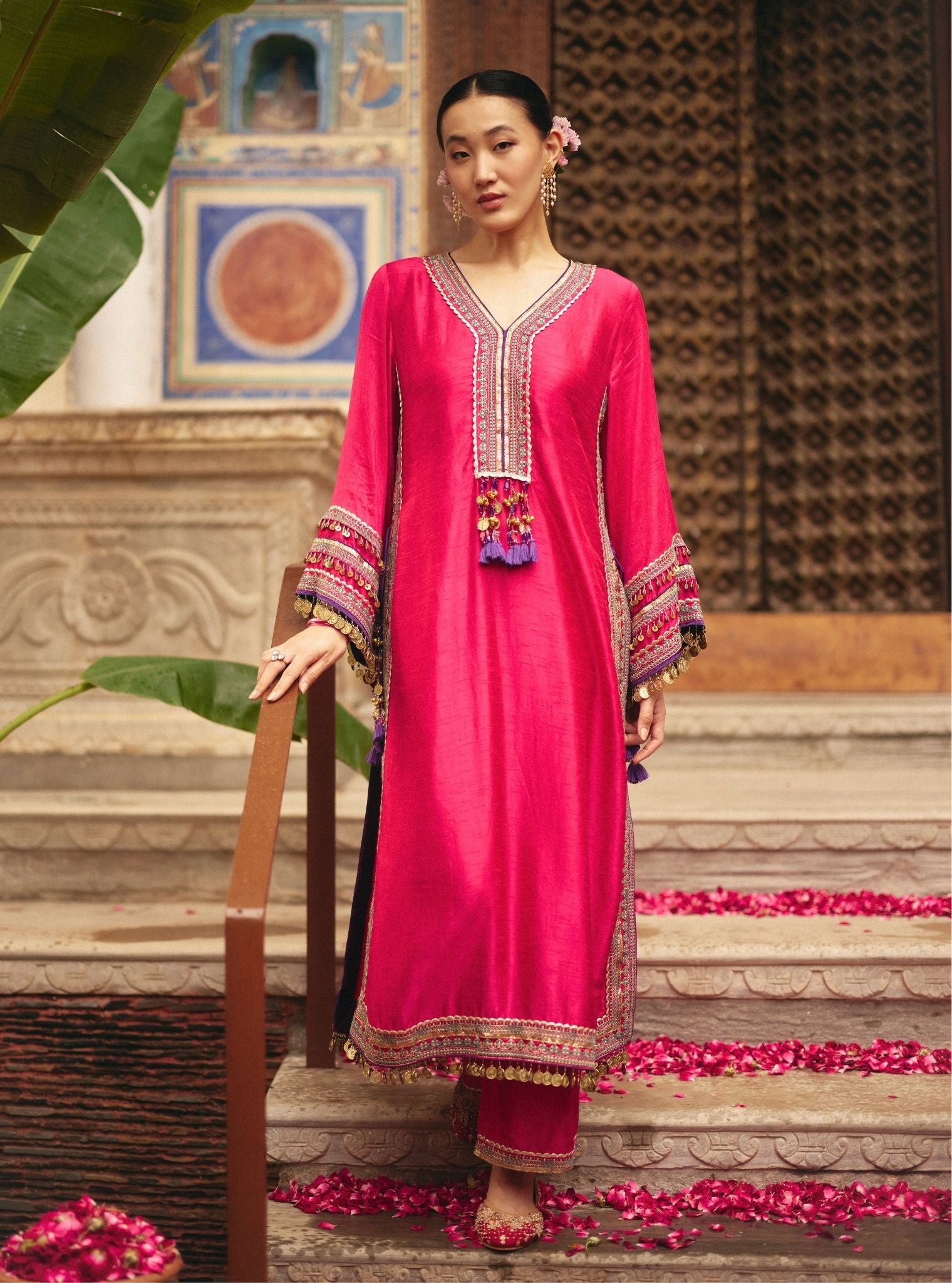 Shaabni Bemberg Raw Silk Fuchsia Kaftan Set