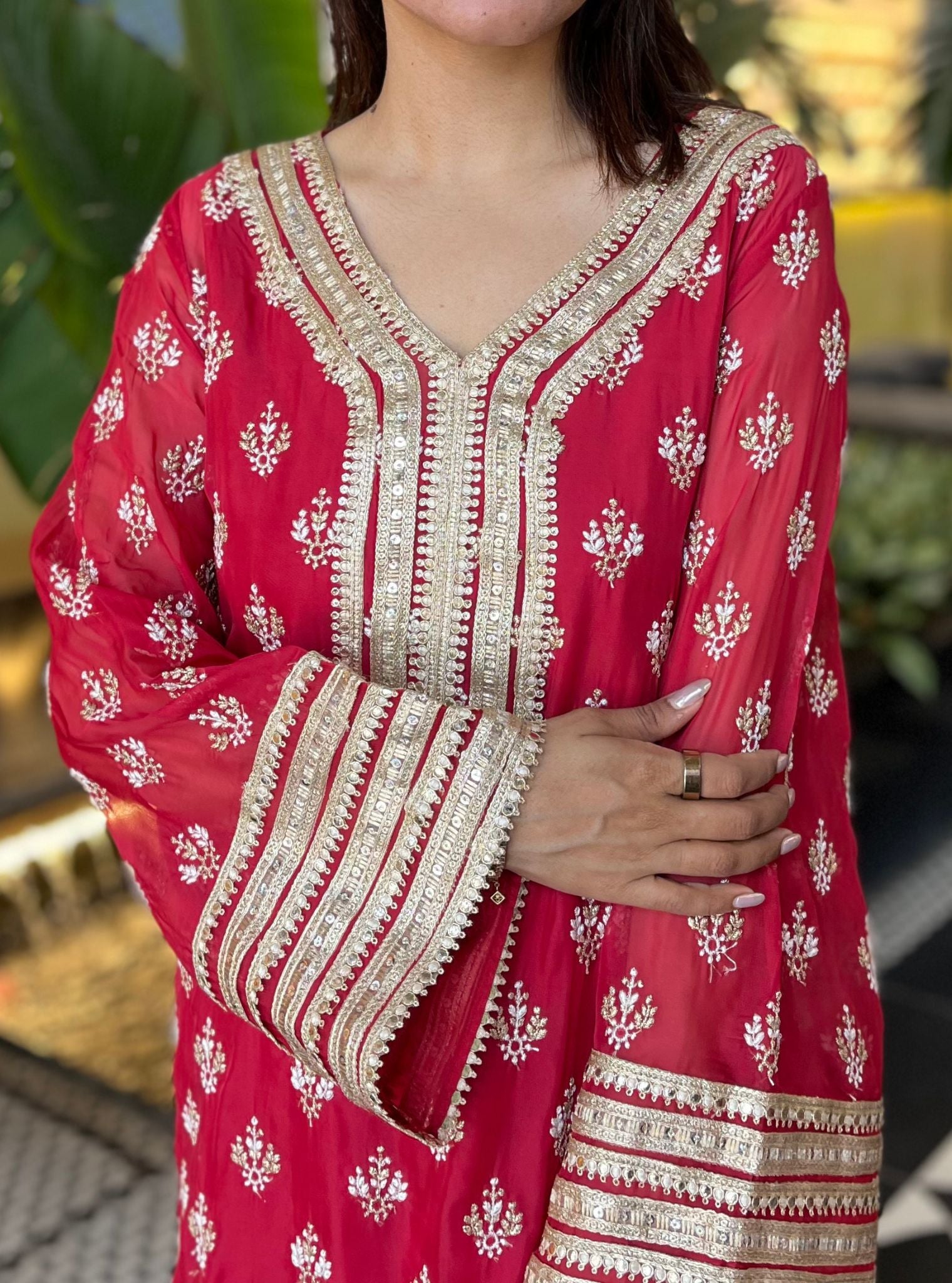 Mulmul Organza Nicia Red Kurta With Mulmul Cotton Nicia Red Dhoti Pant