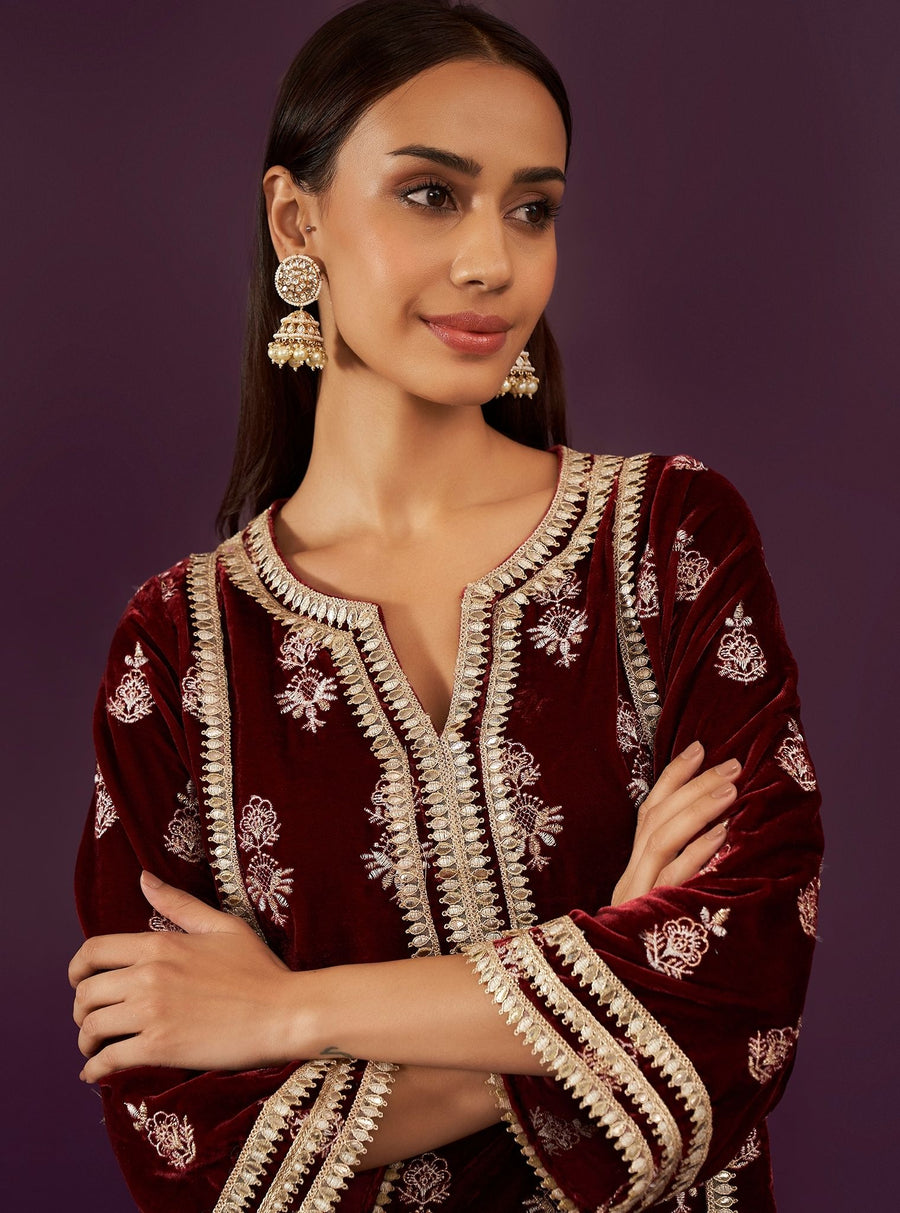 Kumani Robe Mulmul Velvet Kumani Wine Kurta With Mulmul Velvet Kumani Wine Pant