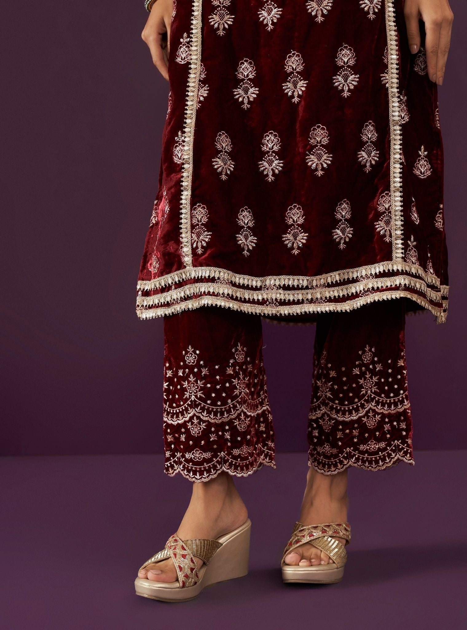 Mulmul Velvet Kumani Wine Kurta With Mulmul Velvet Kumani Wine Pant