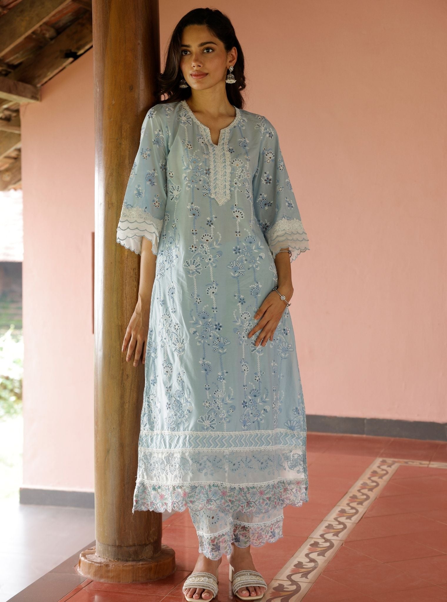 Mulmul Cotton Nair Light Blue Kurta With Mulmul Cotton Nair Light Blue Pant