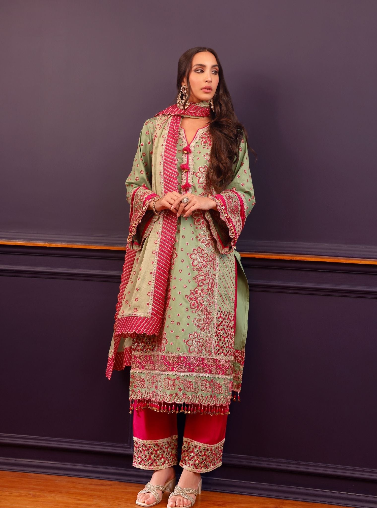 Renu Pima Satin Parrot Green Kurta with Fuchsia Pant Set