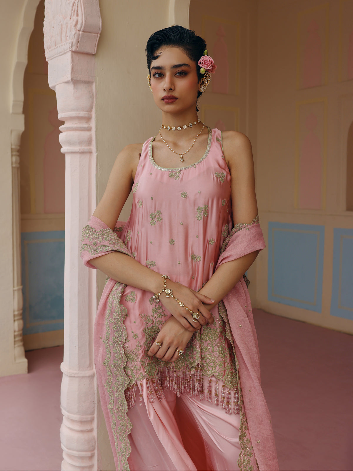 Nemi Cupro Satin Pink Short Kurta with Draped Pants