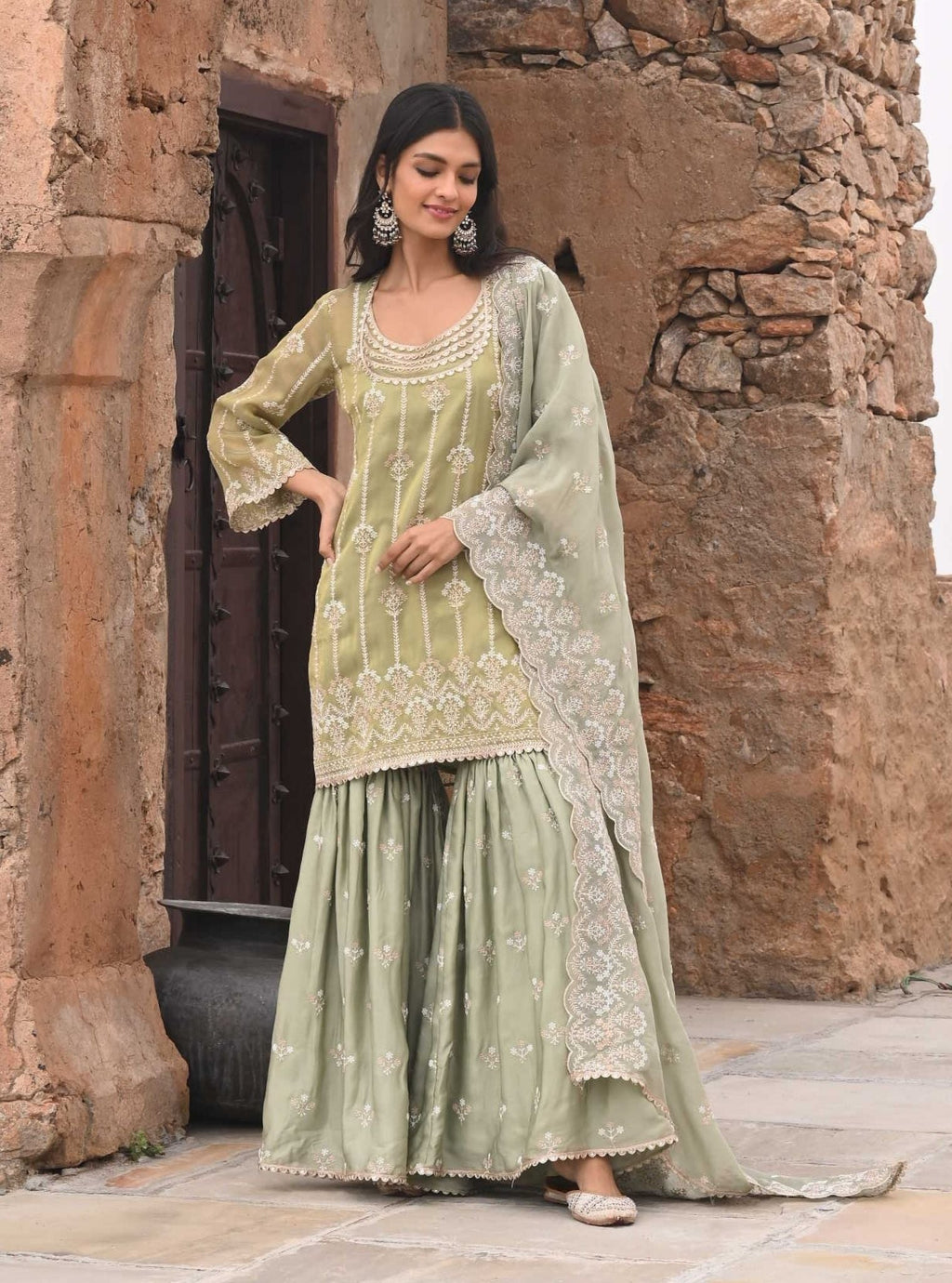 Mulmul Royal Tissue Genda Sage Green Dupatta