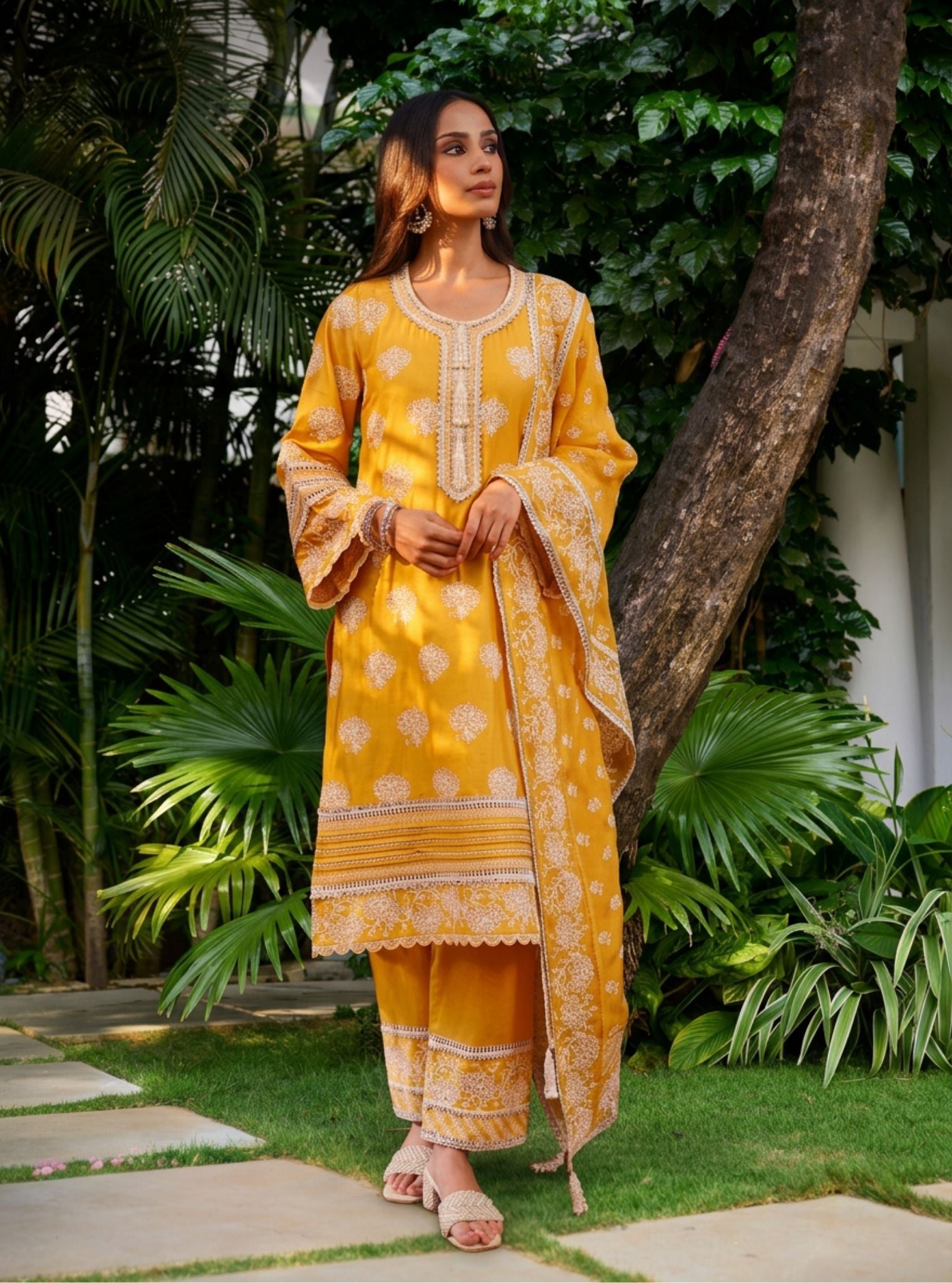 Reha Pima Satin Mustard Kurta Set