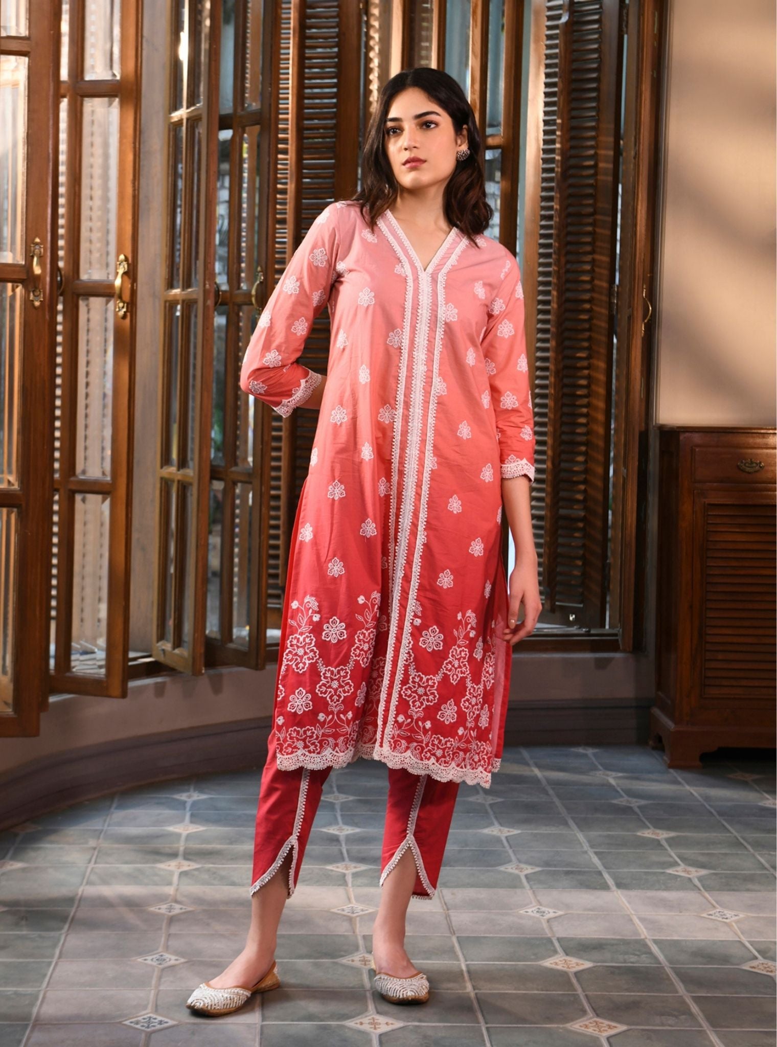 Mulmul Cotton Brie Red Kurta With Mulmul Cotton Brie Red Pant