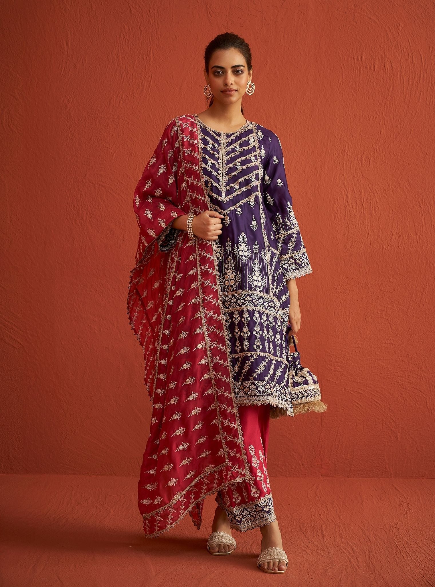 Mulmul Organza Satin Ambar Purple Kurta With Mulmul Pima Satin Ambar Fuchsia Pant