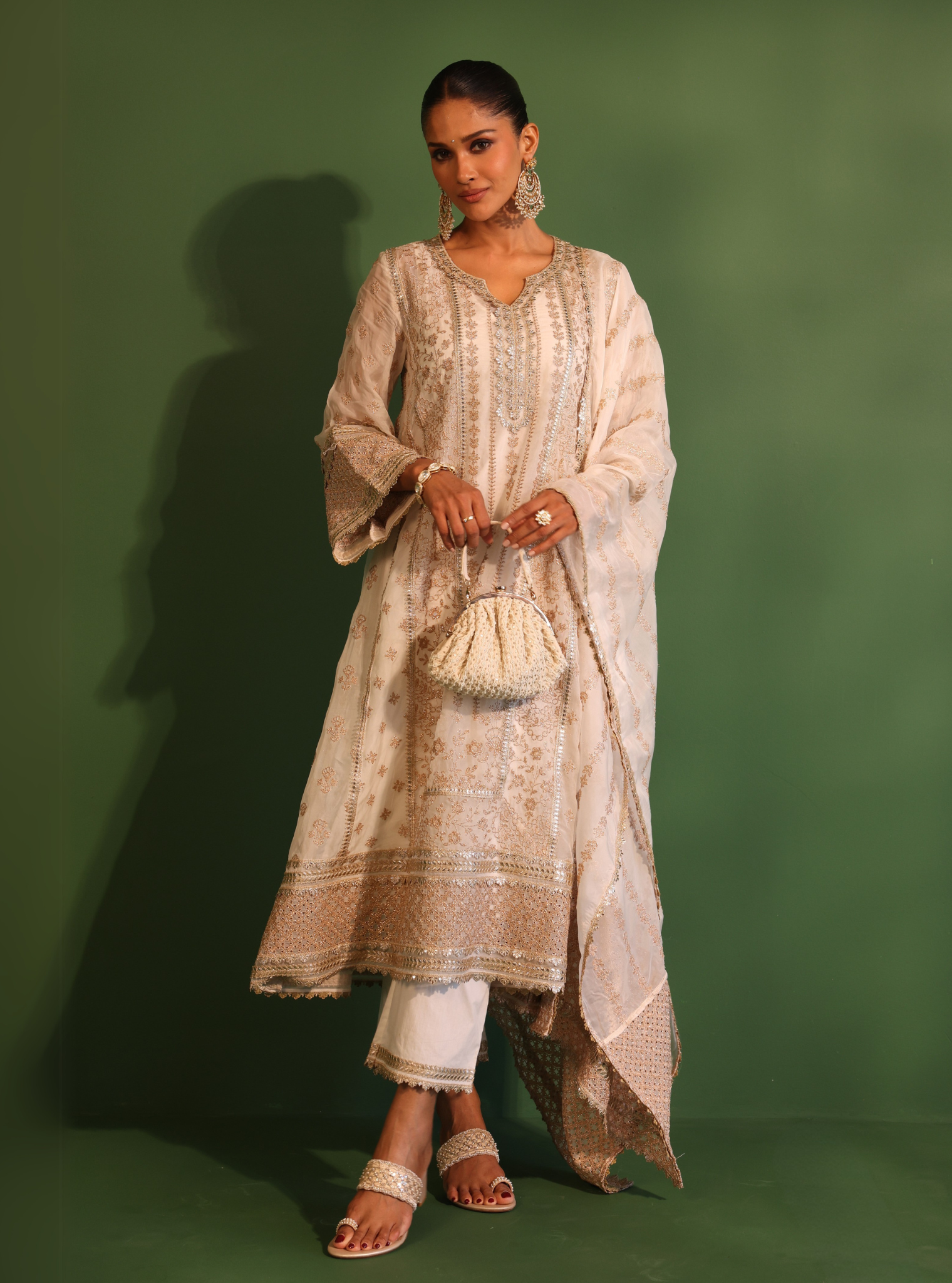 Mulmul Organza Katha Off White Anarkali Kurta With Mulmul Pima Satin Katha Off White Pant