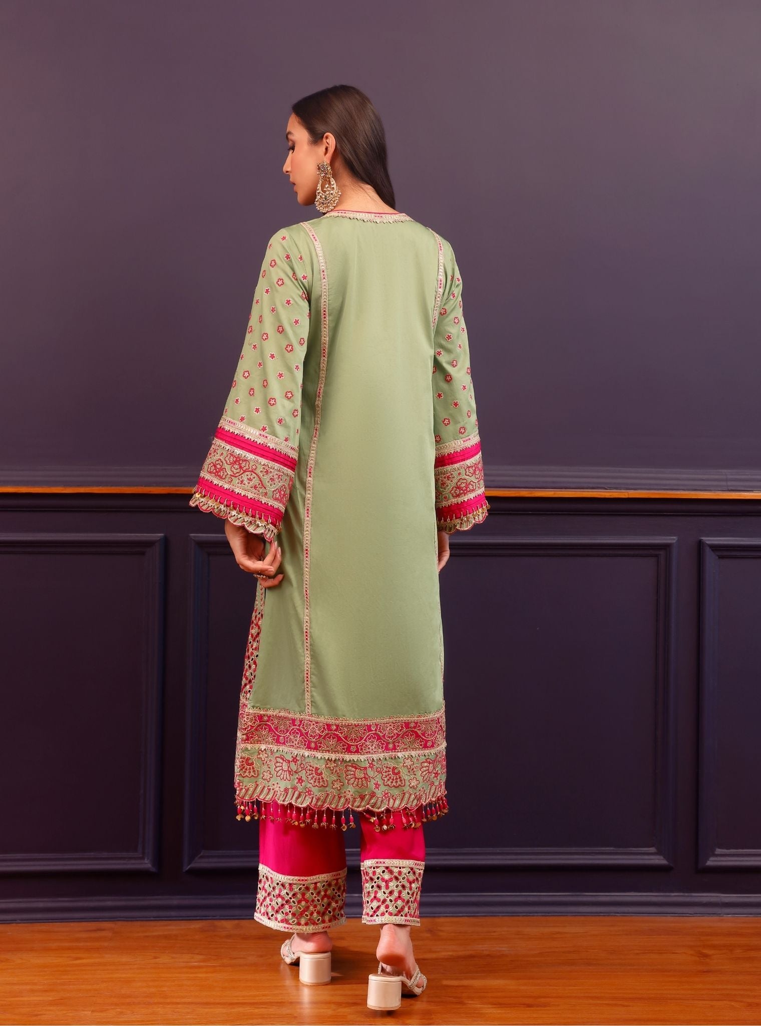 Renu Pima Satin Parrot Green Kurta with Fuchsia Pant Set