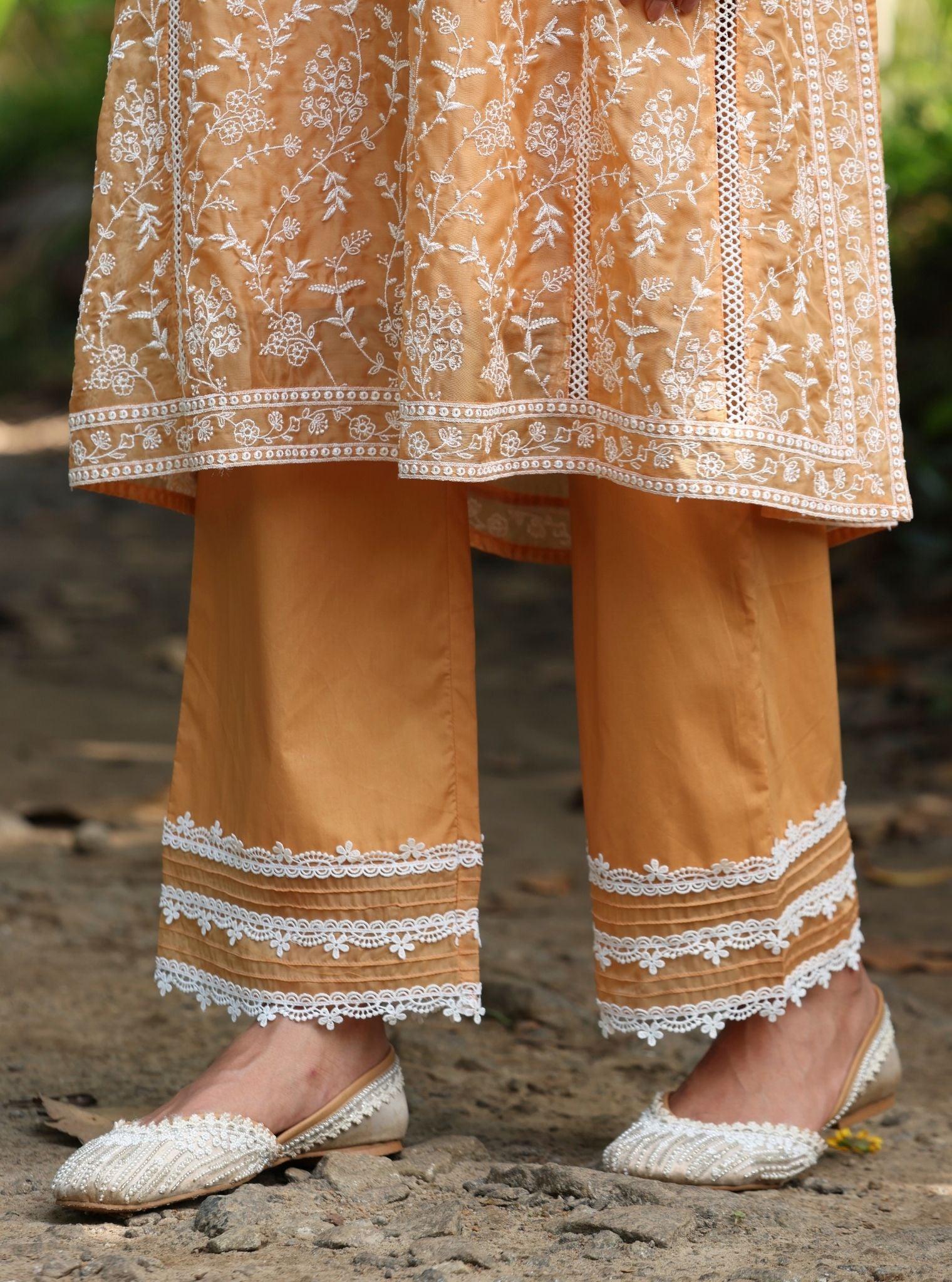 Mulmul Organza Caara Orange Kurta With Mulmul Cotton Caara Orange Pant