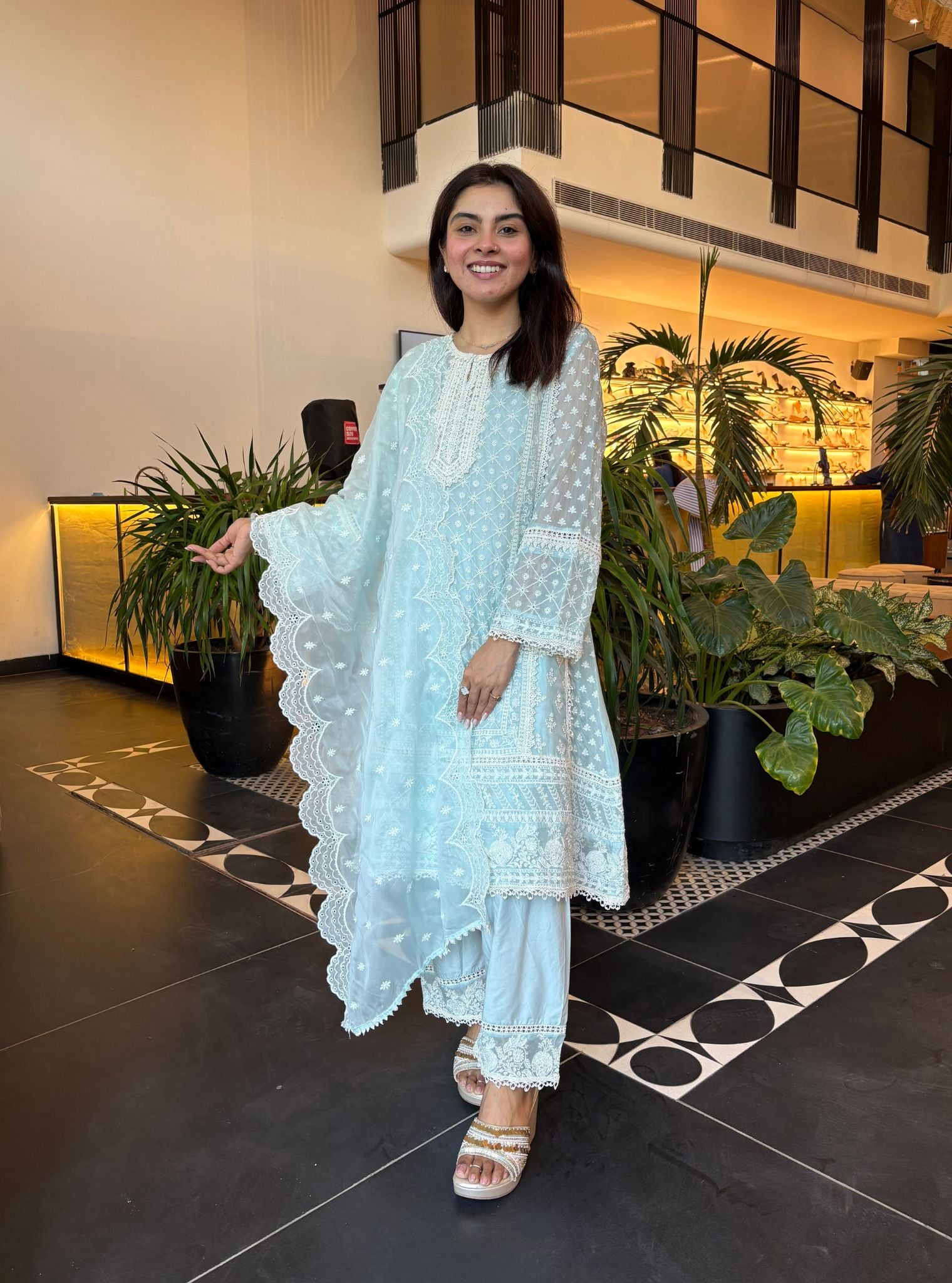 Mulmul Organza Sritha Blue Kurta With Mulmul Cotton Sritha Blue Pant