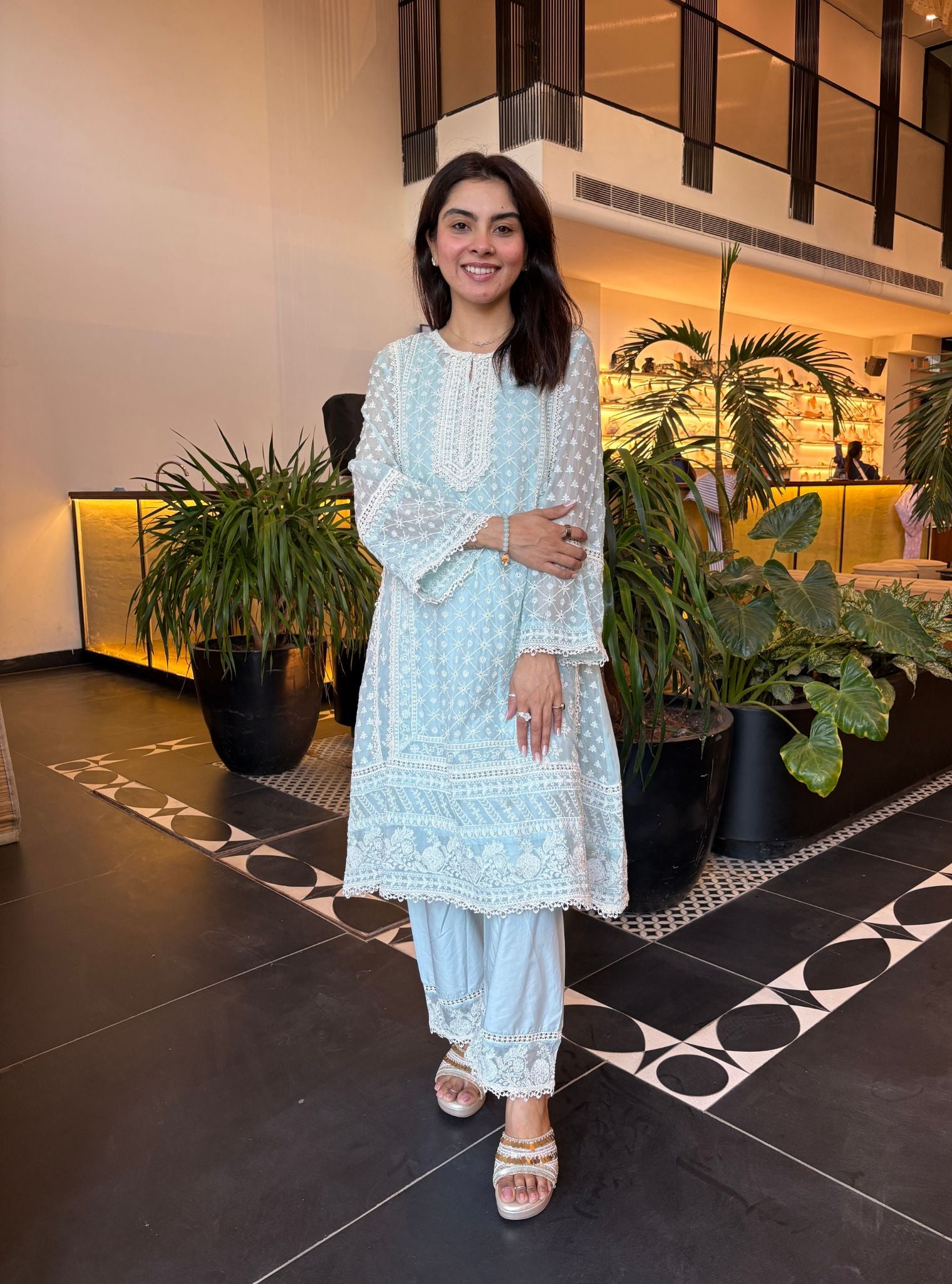 Mulmul Organza Sritha Blue Kurta With Mulmul Cotton Sritha Blue Pant