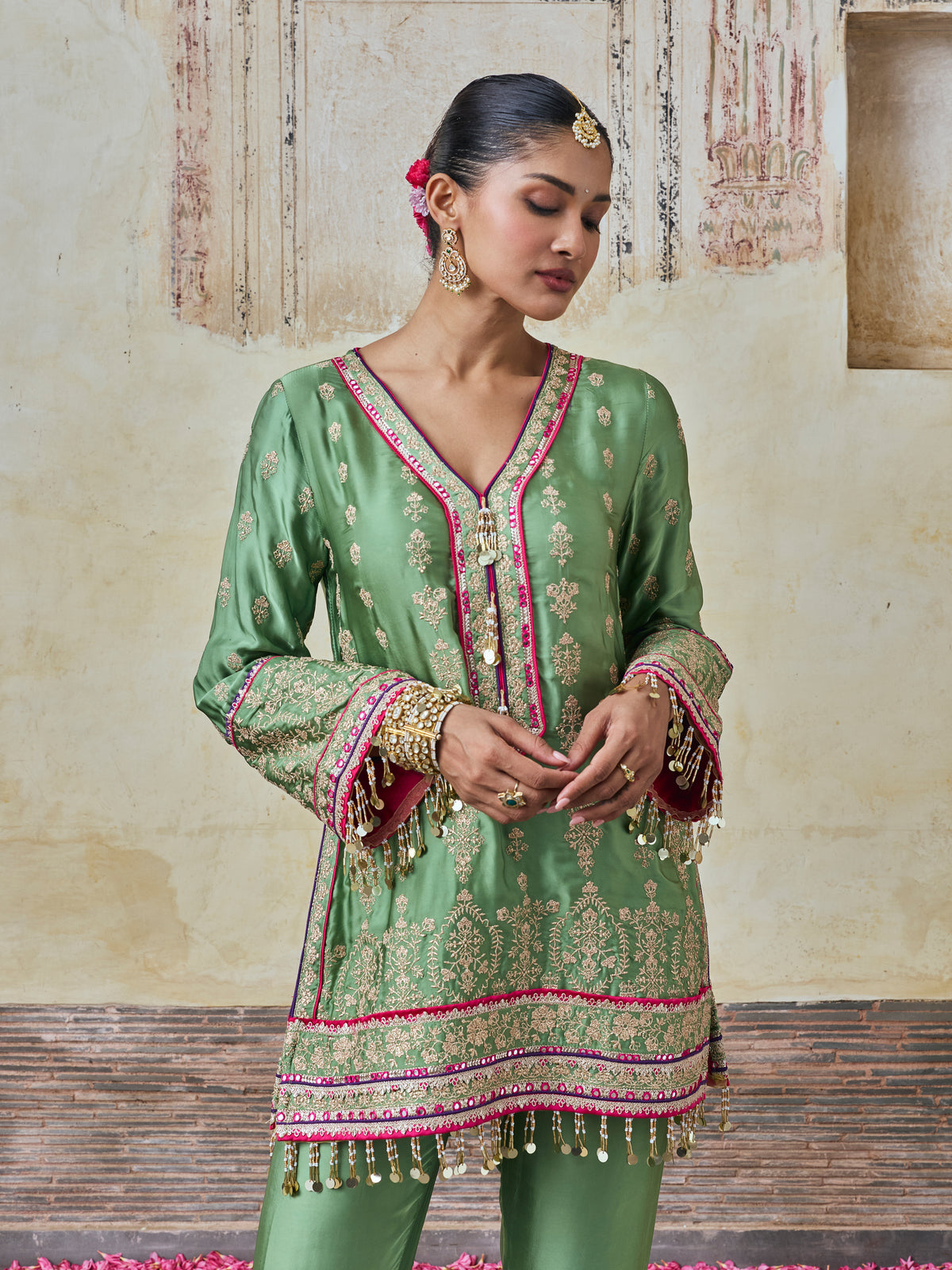 Yaira Cupro Satin Matcha Green Kurta Set