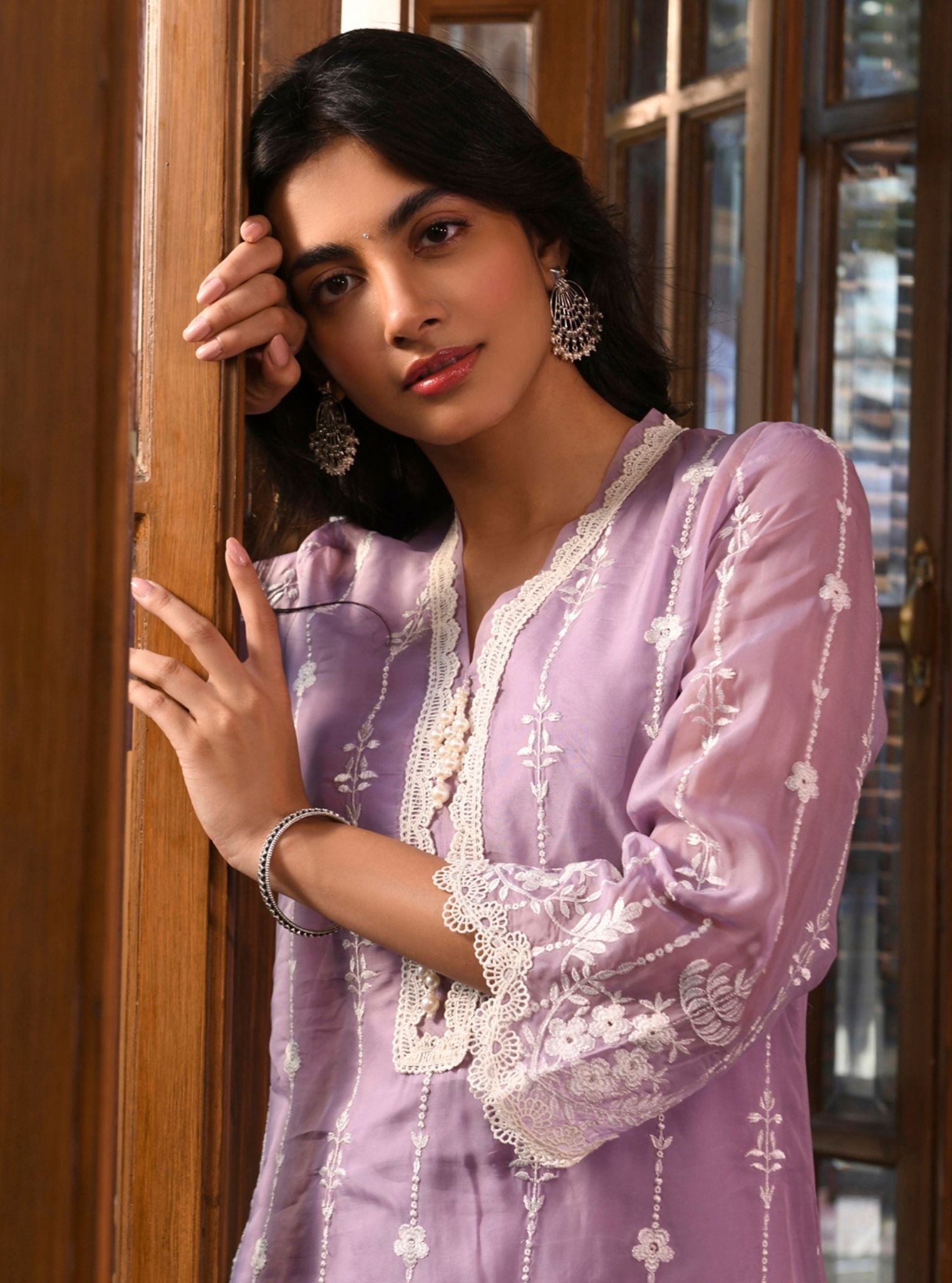 Mulmul Organza Nima Lavender Kurta With Mulmul Cotton Nima Lavender Pant