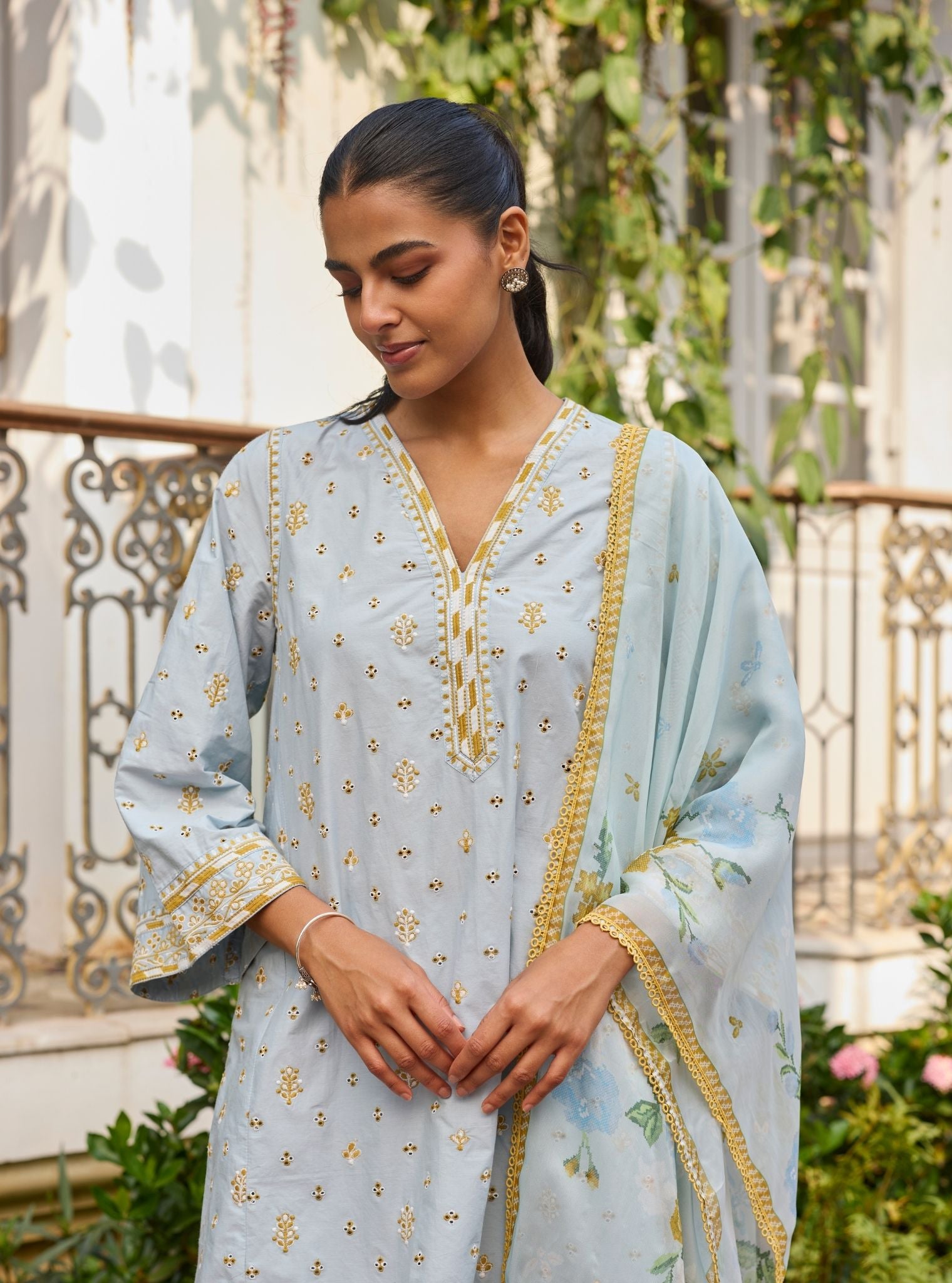 Vysa Supima Cotton Blue Printed Kurta Set