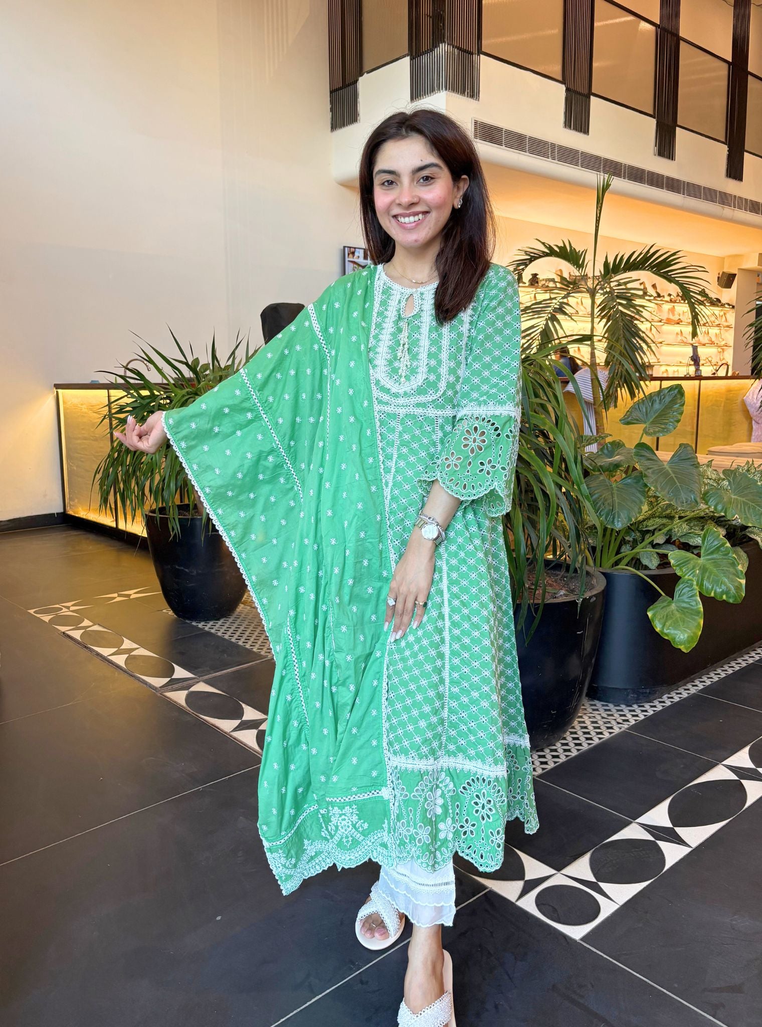 Mulmul Cotton Arris Green Anarkali  Kurta With Mulmul Cotton Saanjh White Pant