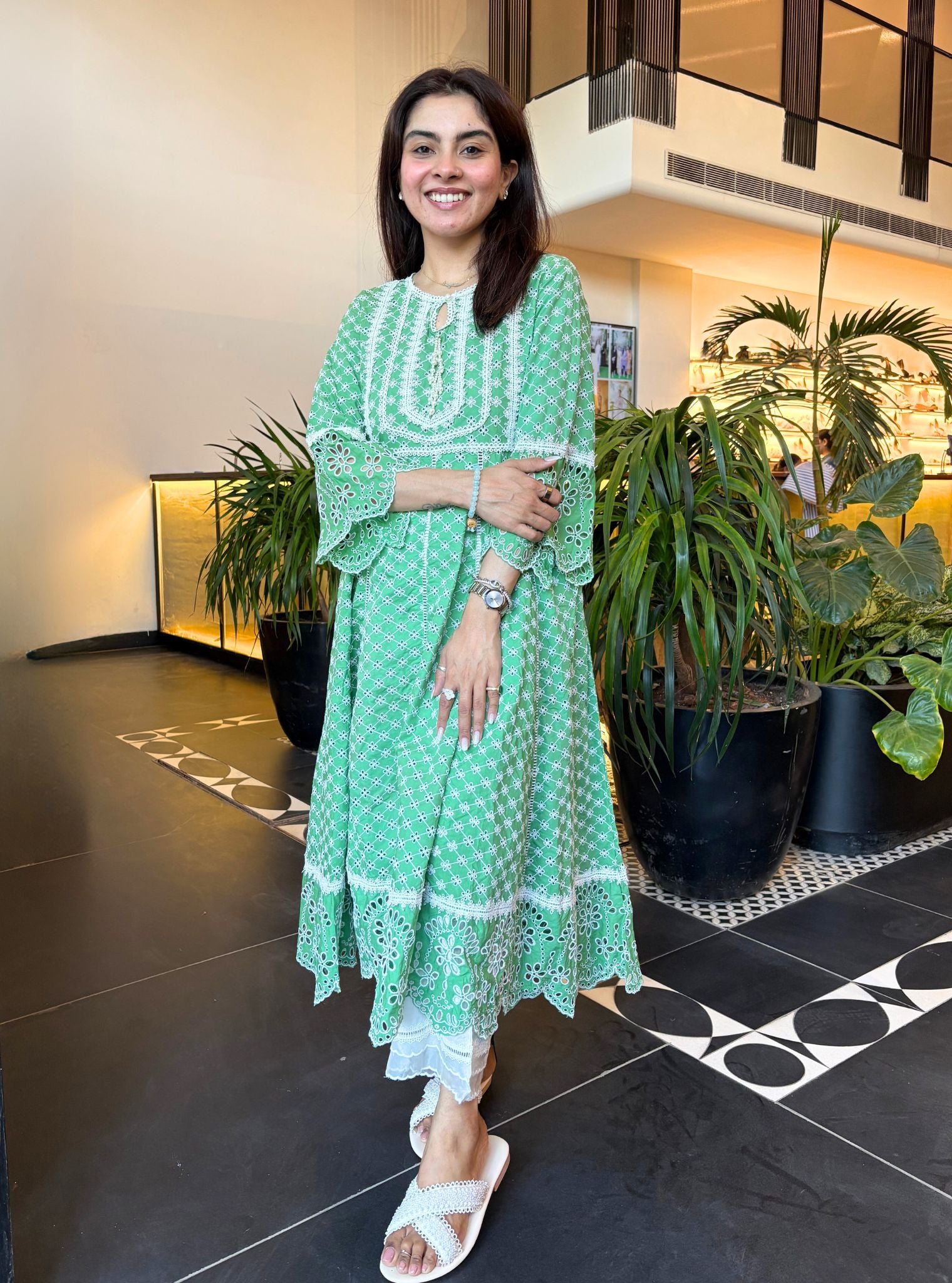 Mulmul Cotton Arris Green Anarkali  Kurta With Mulmul Cotton Saanjh White Pant