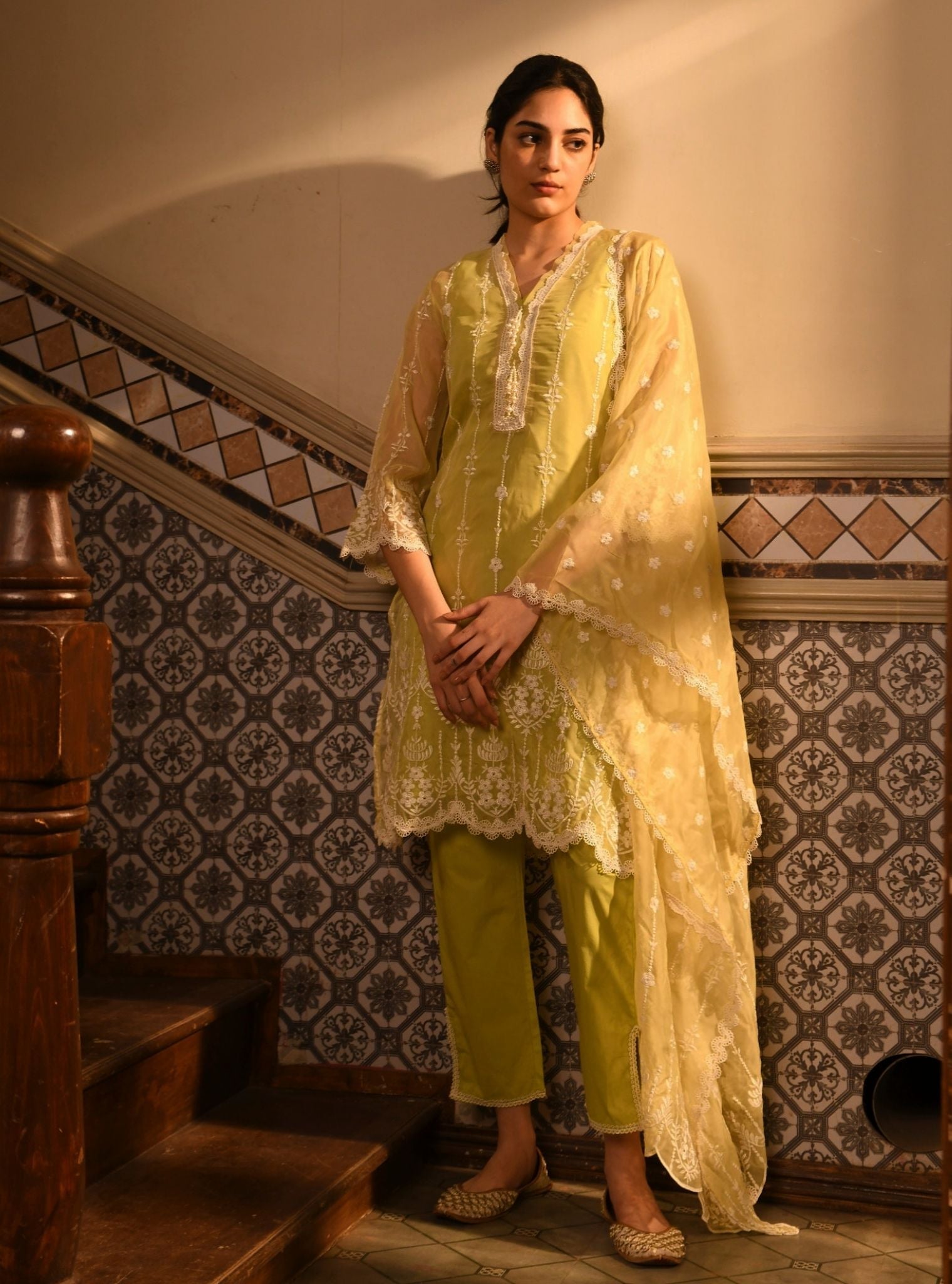 Mulmul Organza Nima Lime Kurta With Mulmul Cotton Nima Lime Pant