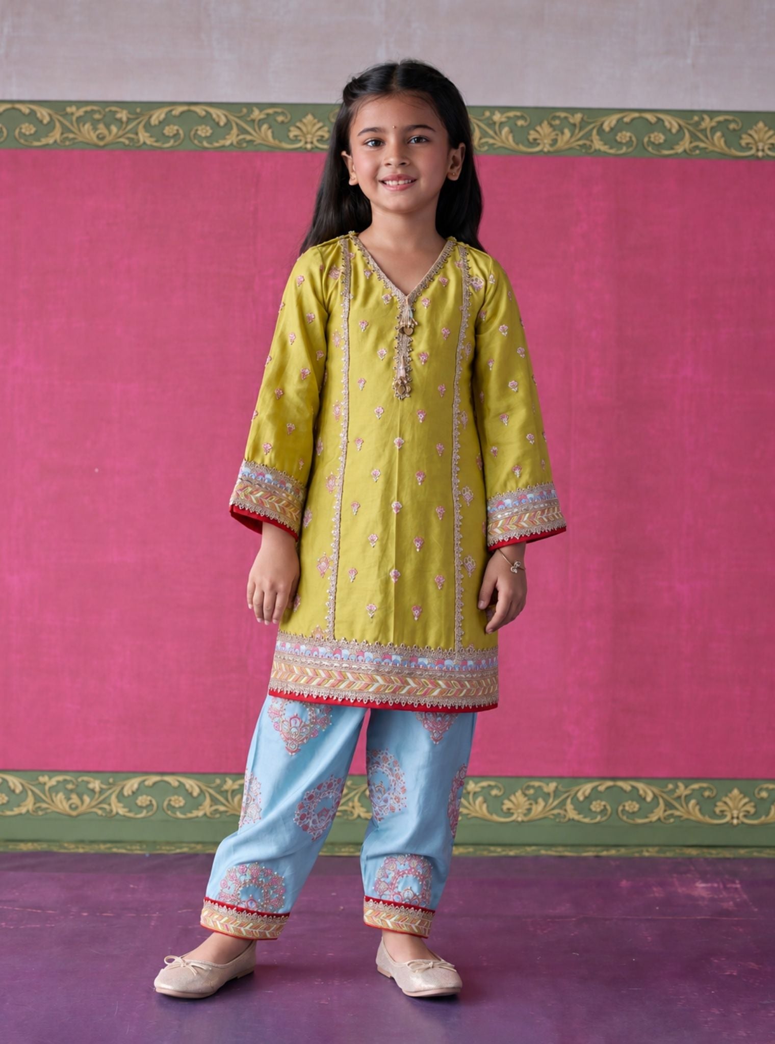 Neeri Pima Satin Lime Kurta Set