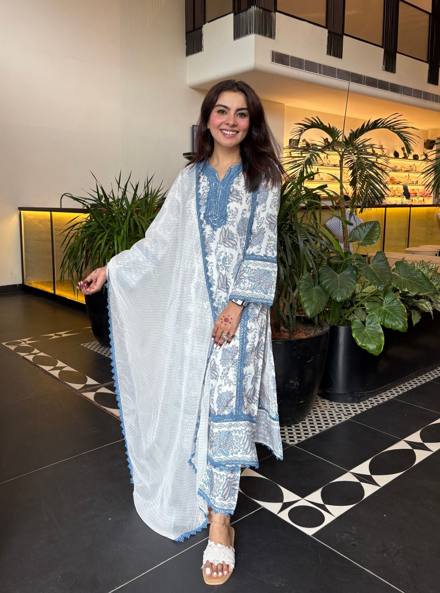 Mulmul Cotton Esti Blue Kurta With Mulmul Esti Blue Pant