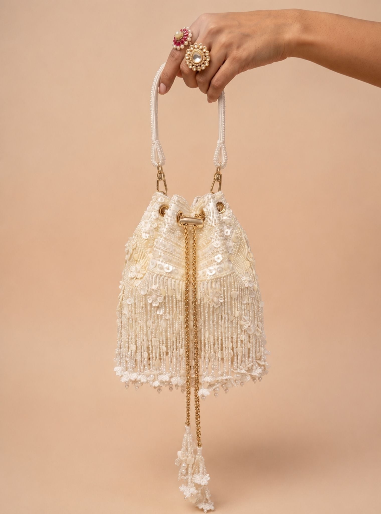 Snow White Floral Tassels Offwhite Potli Bag