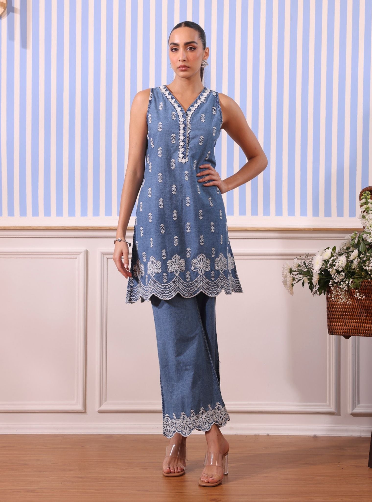 Mulmul Dante Denim Kurta With Mulmul Dante Denim Pant