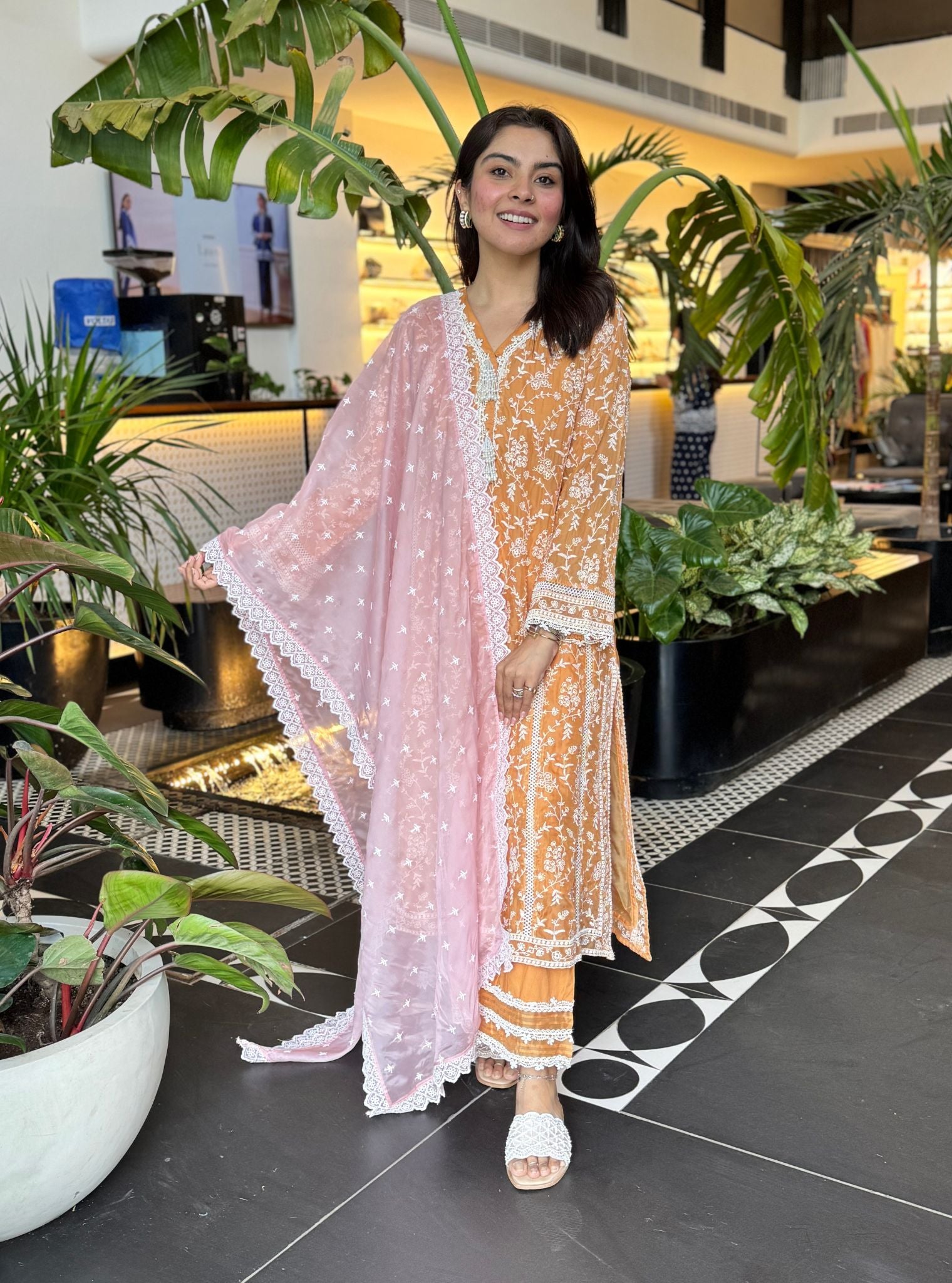 Mulmul Organza Caara Orange Kurta With Mulmul Cotton Caara Orange Pant