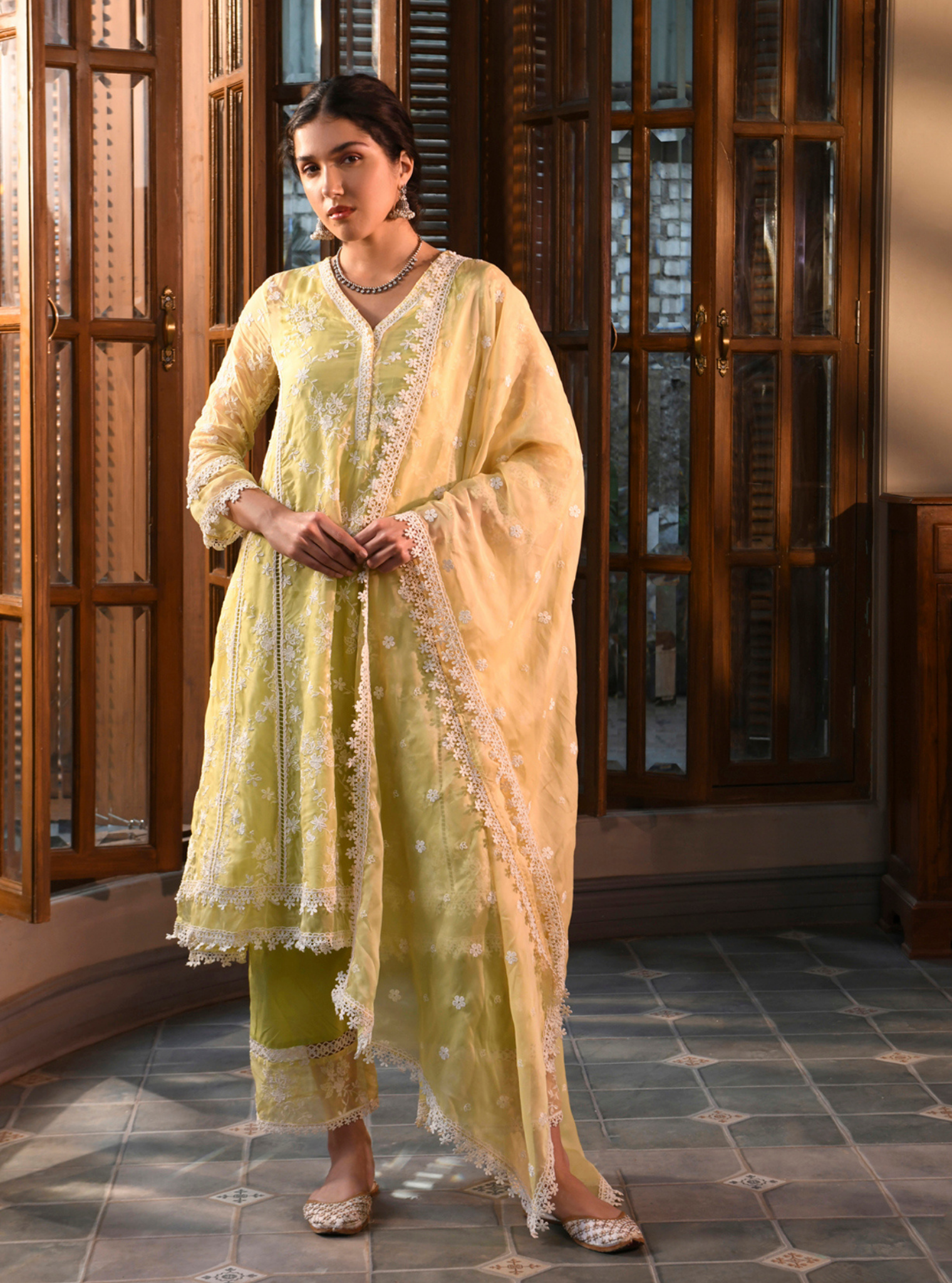 Mulmul Organza Hiyti Lime Kurta With Mulmul Cotton Hiyti Lime Pant