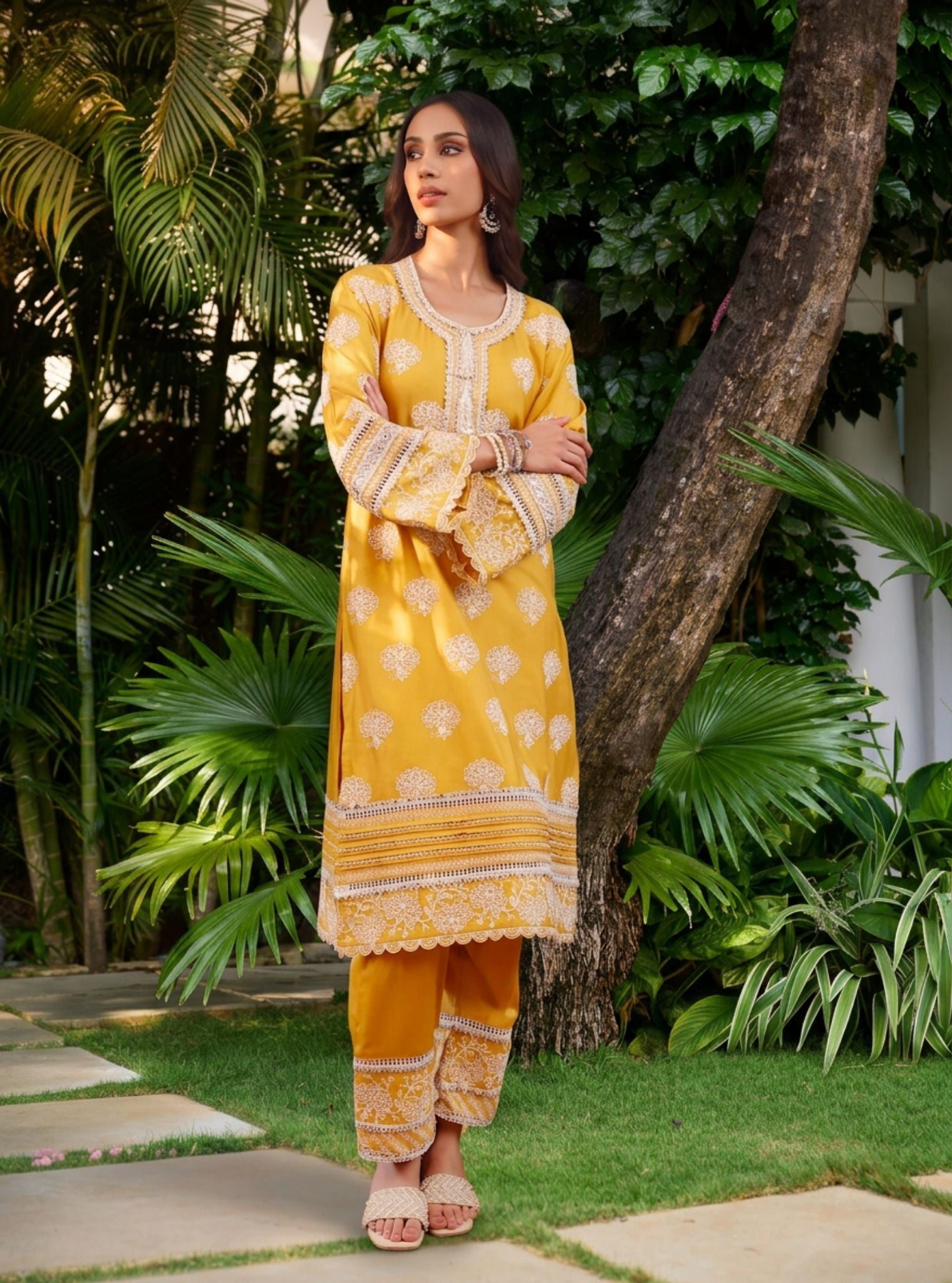 Reha Pima Satin Mustard Kurta Set