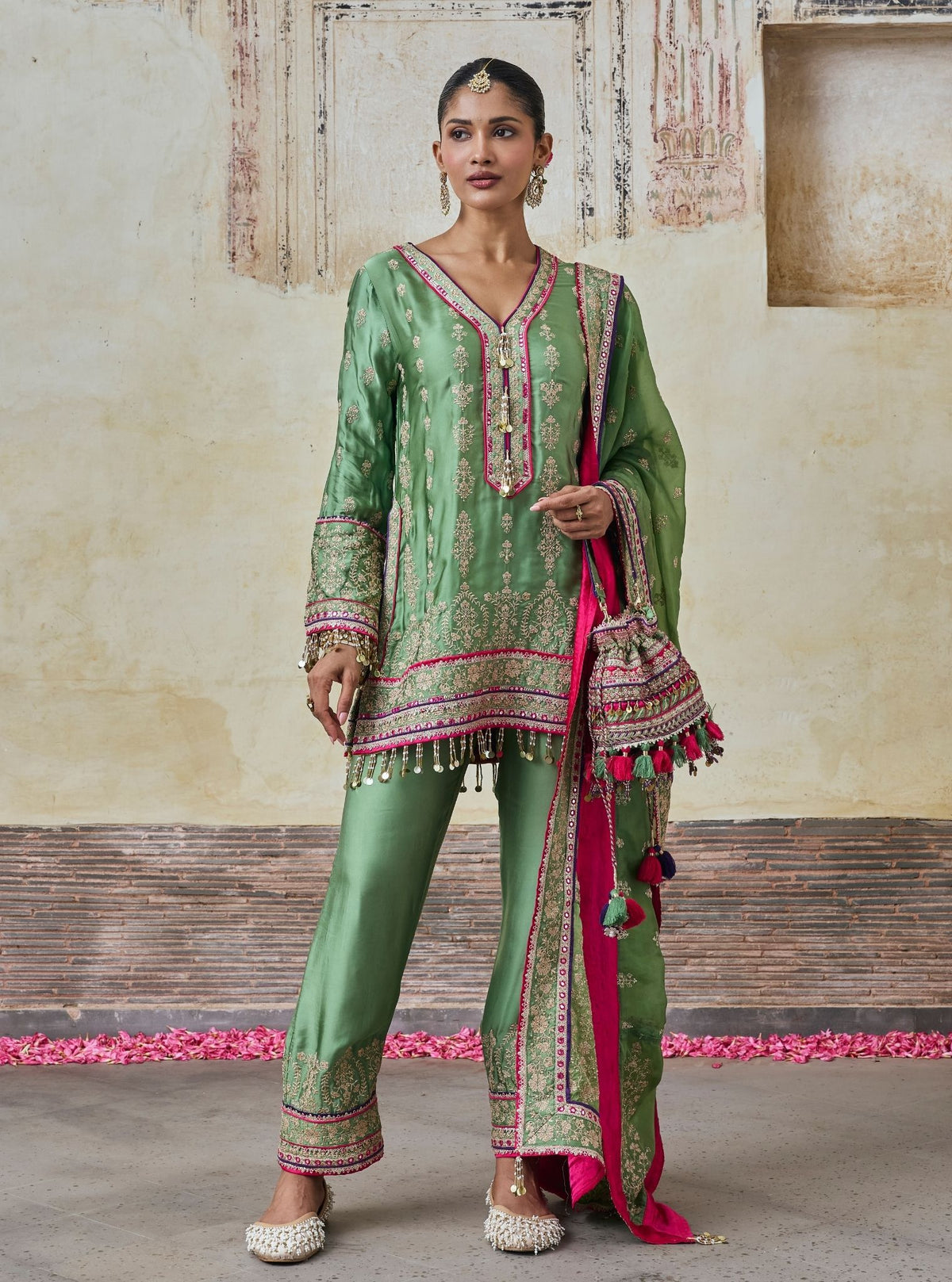 Yaira Cupro Satin Matcha Green Kurta Set
