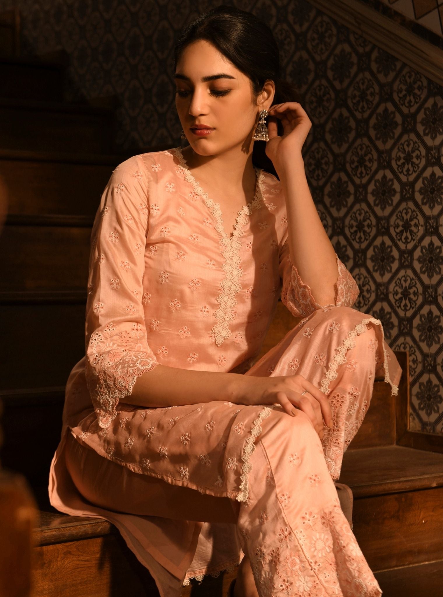 Mulmul Chanderi Ray Pink Kurta With Mulmul Chanderi Ray Pink Pant