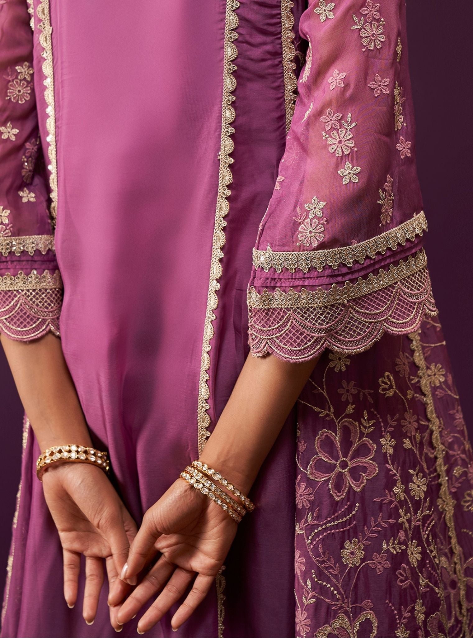 Mulmul Organza Sirikit Grape Anarkali Kurta With Mulmul Pima Satin Sirikit Grape Pant