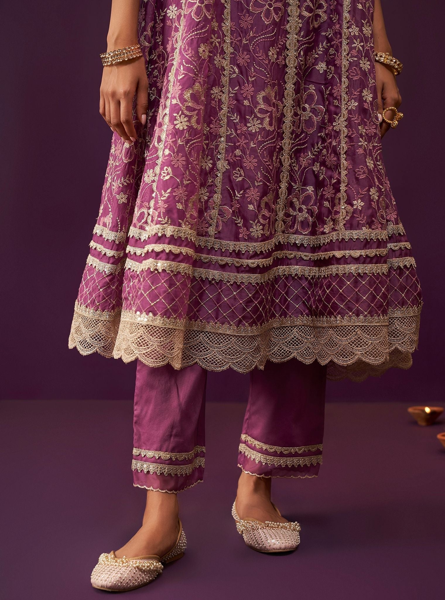 Mulmul Organza Sirikit Grape Anarkali Kurta With Mulmul Pima Satin Sirikit Grape Pant