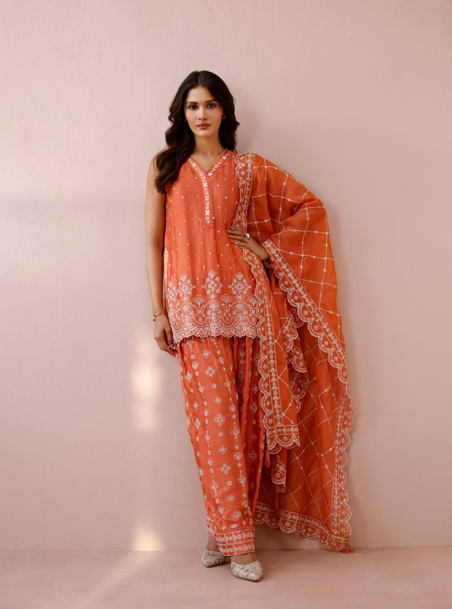 Novie Cupro Satin Orange Kurta Set