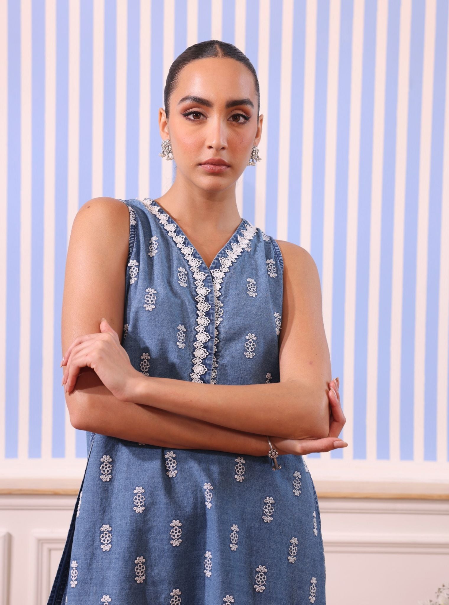 Mulmul Dante Denim Kurta With Mulmul Dante Denim Pant