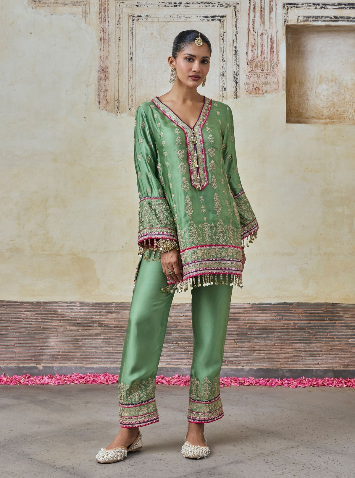 Yaira Cupro Satin Matcha Green Kurta Set