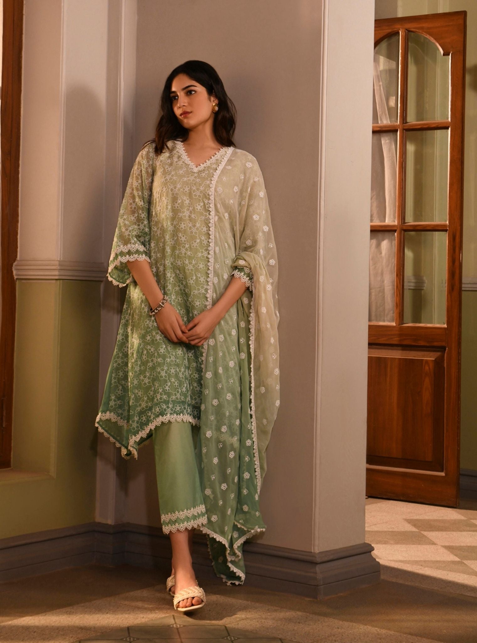 Mulmul Organza Edna Green Kurta With Mulmul Cotton Edna Green Pant