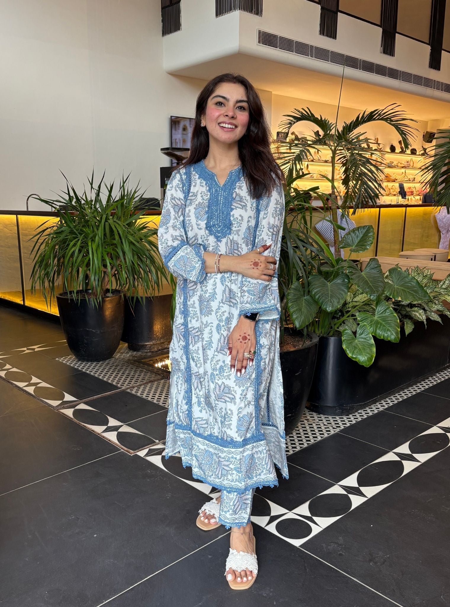 Mulmul Cotton Esti Blue Kurta With Mulmul Esti Blue Pant