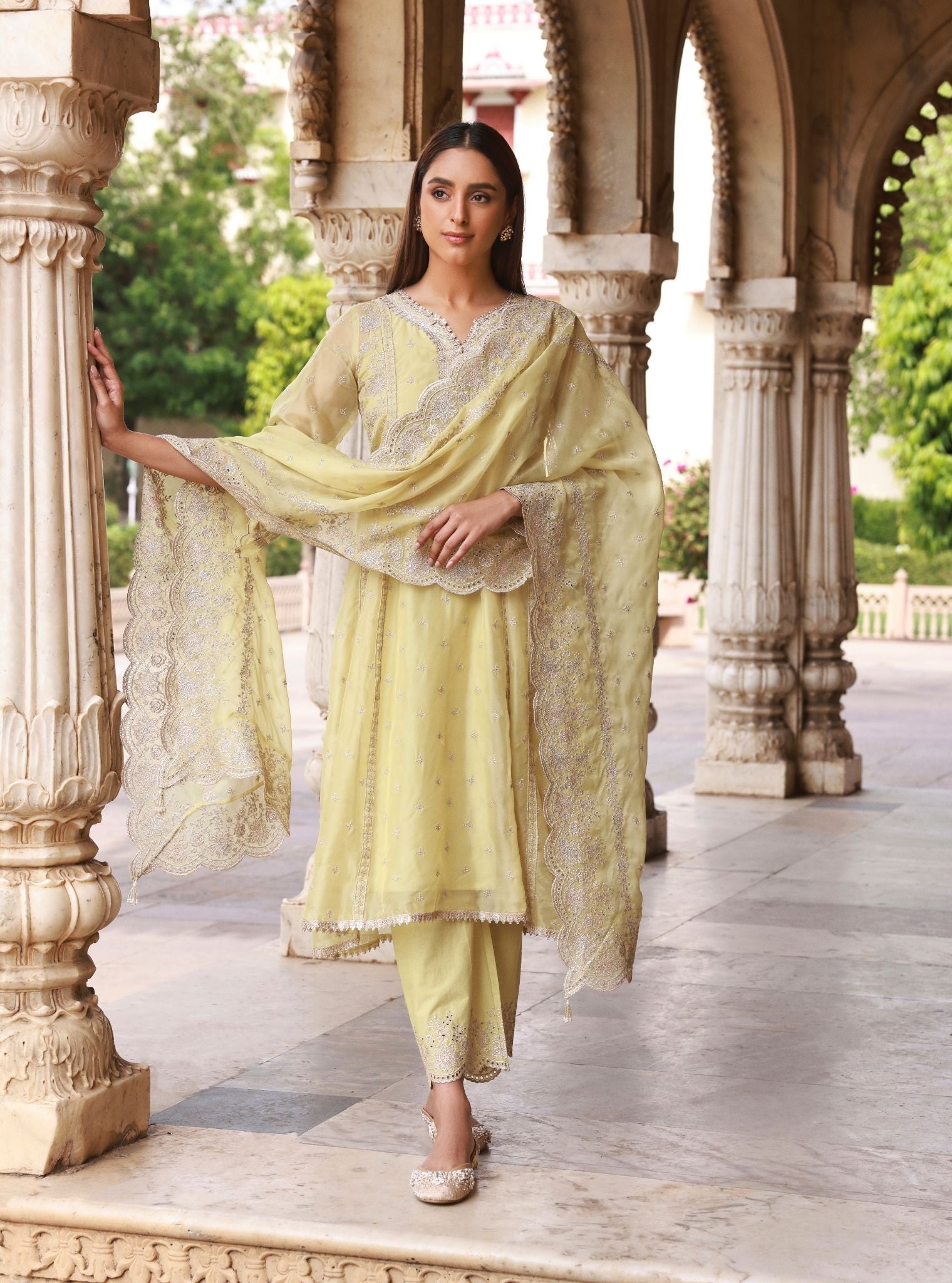 Elusha Lime Organza Kurta Set