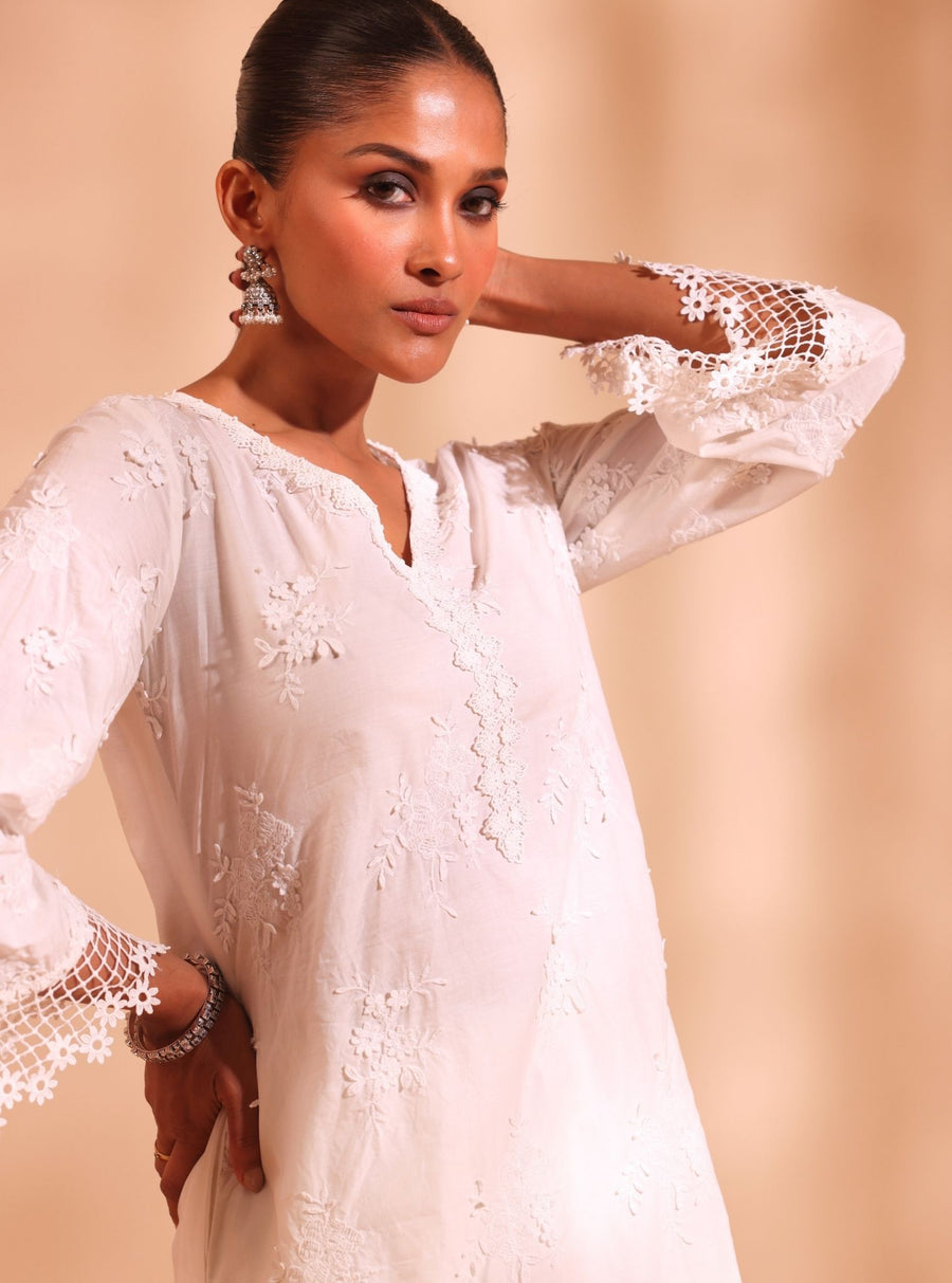 Mulmul Supima Cotton Emb Rounded Hem White Pant main image 0