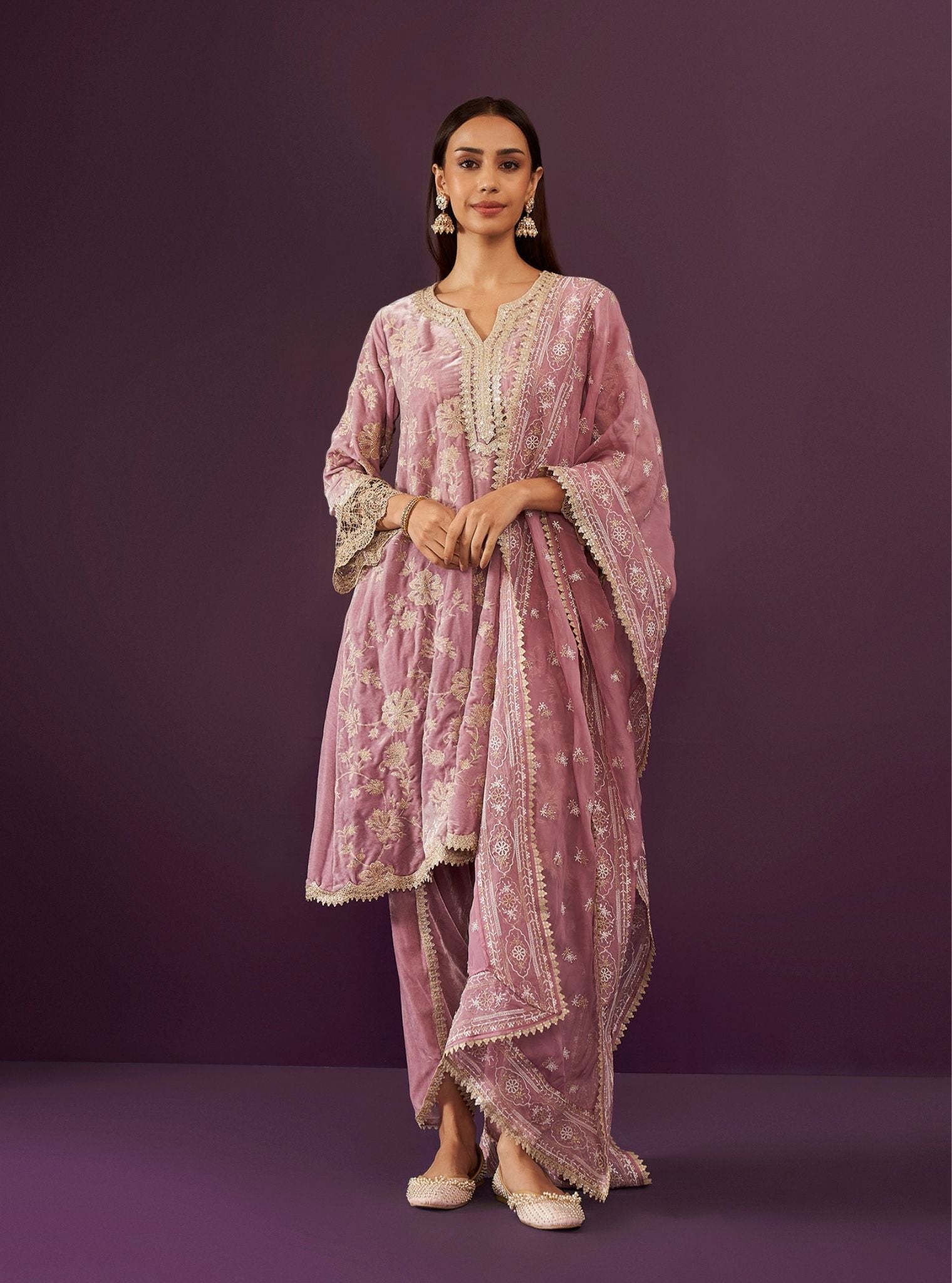 Mulmul Velvet Imani Lilac Kurta With Mulmul Velevt Imani Lilac Dhoti Pant