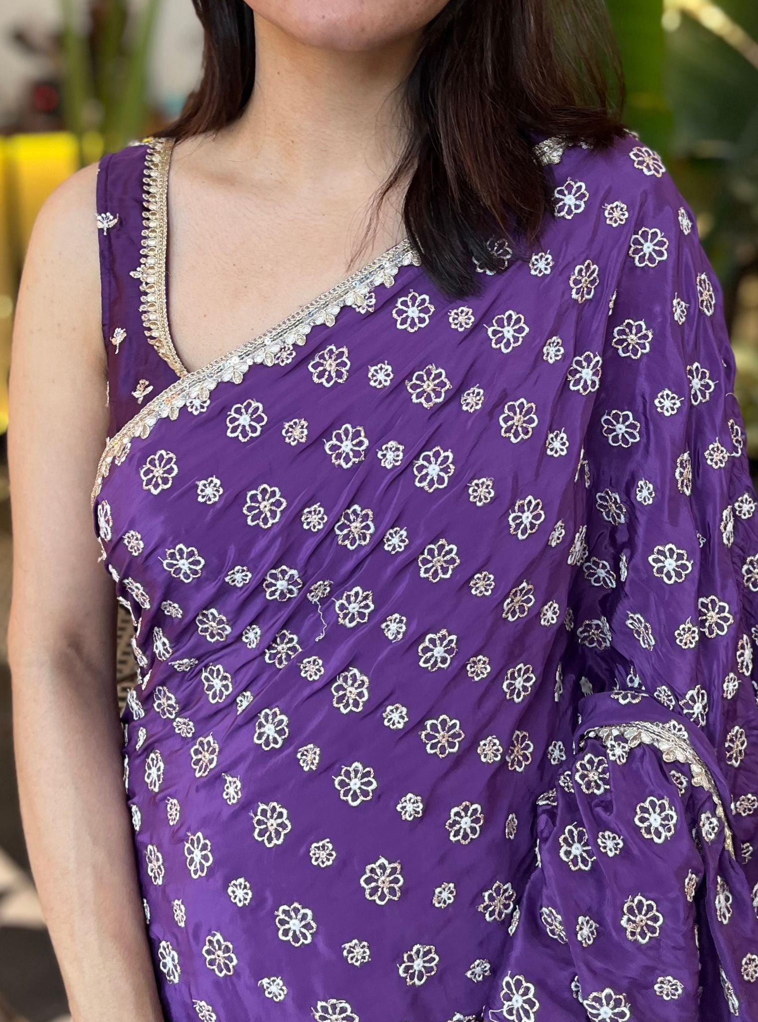 Mulmul Crepe Brahmi Pre-Stitched Purple Saree