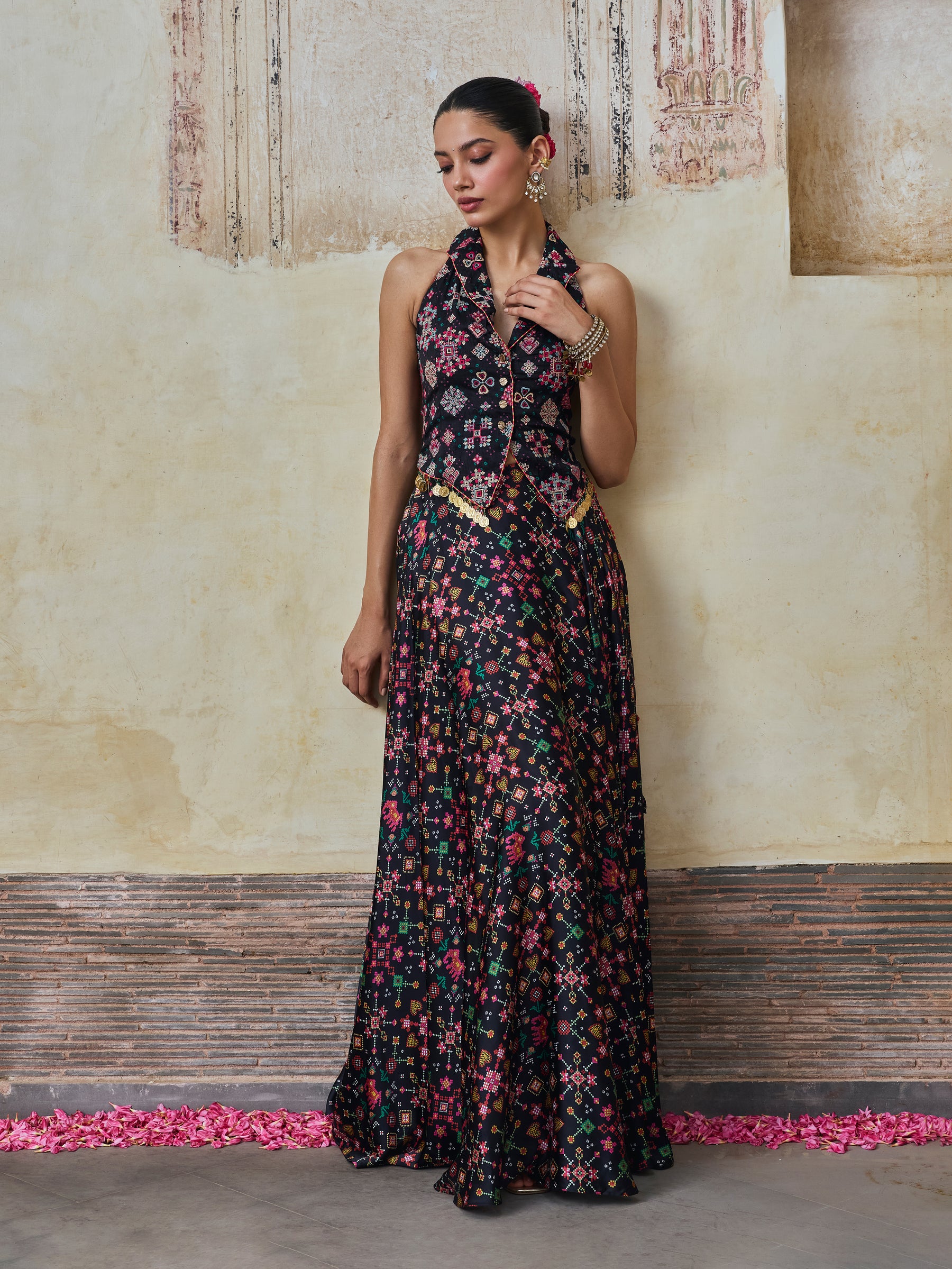 Sarangni Bemberg Raw Silk Printed Black Waistcoat & Skirt Set
